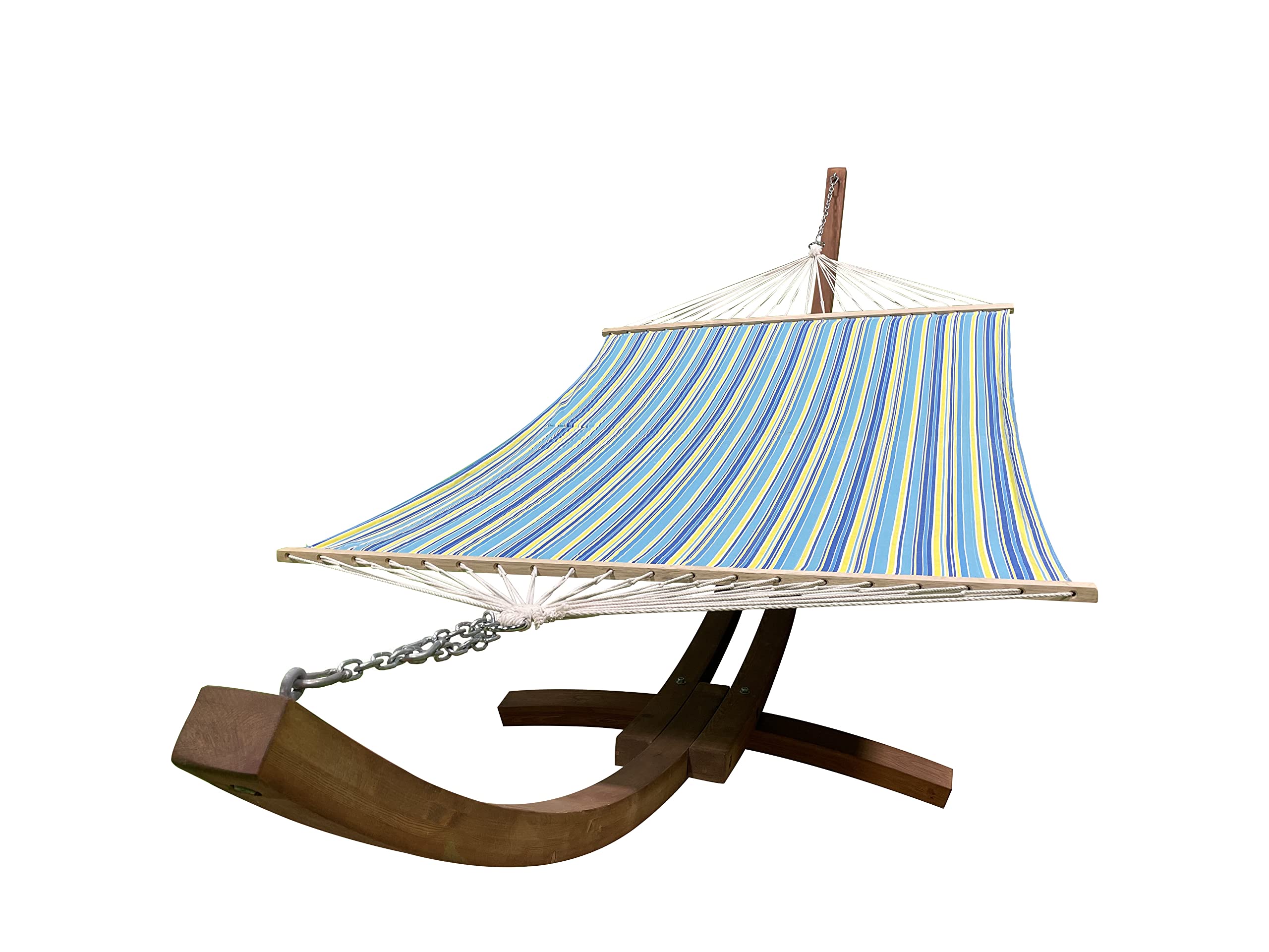 14 Ft. Water-Treated Wooden Arc Hammock Stand with Premium Quilted Double-Padded Hammock Bed - 2 Person Outdoor Hammock (450 LB Capacity) - Teak Stain/Teal & Yellow Stripe - Perfect for Backyard, Patio, Garden & Beach Relaxation