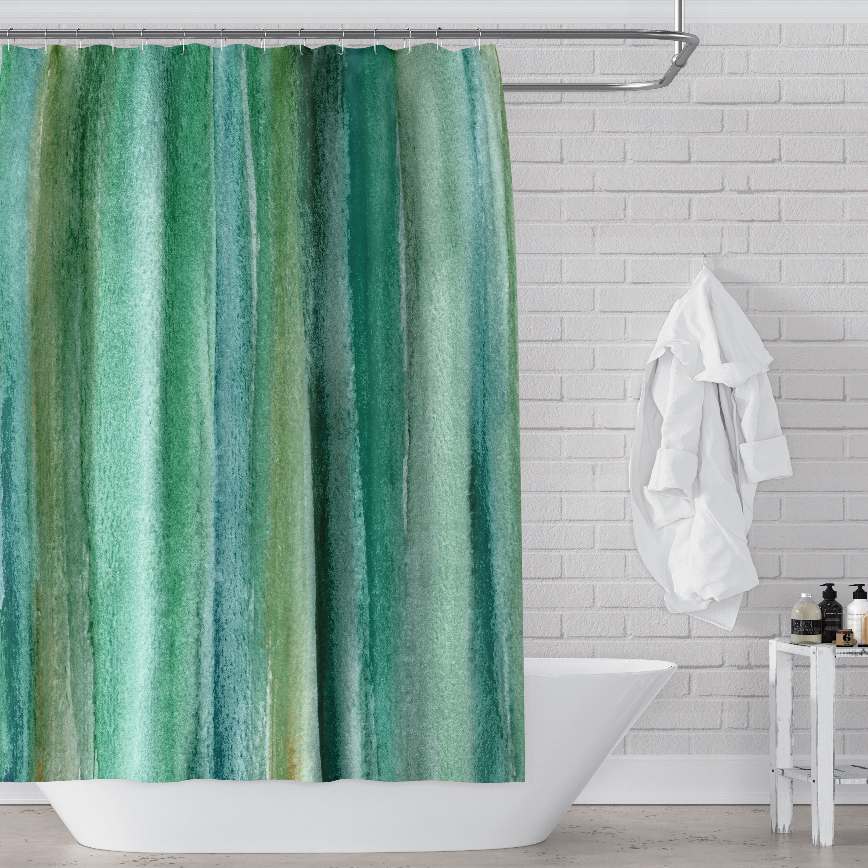 Emerald Green Watercolor Stripes Shower Curtain - Vibrant Water-Resistant Fabric Bathroom Decor for Modern & Boho Style Homes