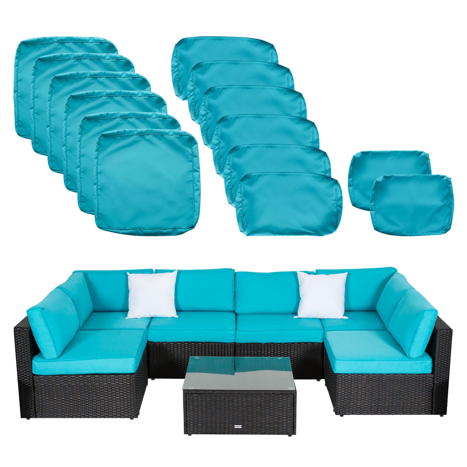 7-Piece Outdoor Cushion Covers Set for Patio Furniture - Water-Resistant Replacement Slipcovers for Rattan Sectional Sofa with Zipper Closure (Turquoise, 14
