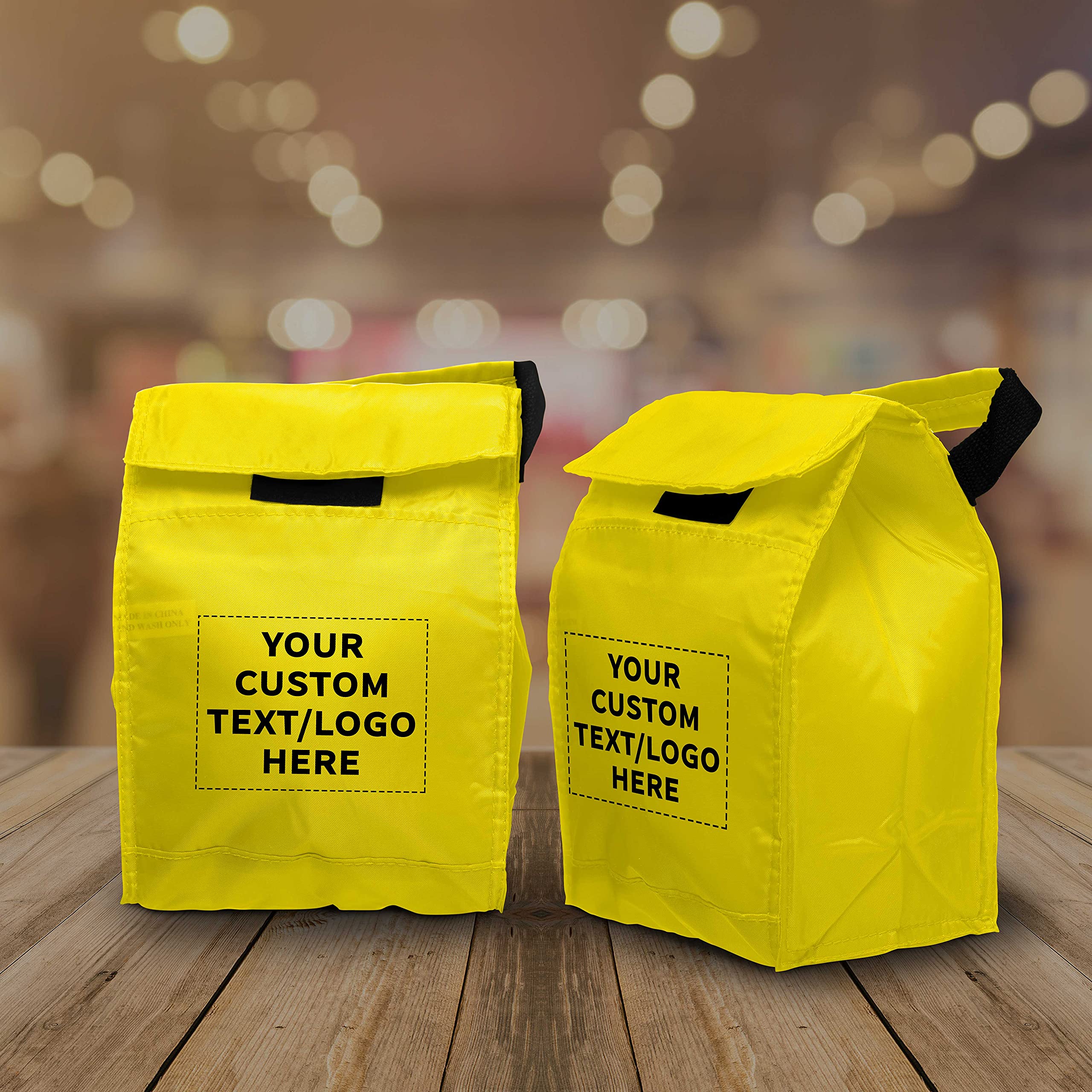 50-Pack Customizable Hook & Loop Insulated Lunch Bags - Durable Polyester Reusable Food Containers with Vibrant Yellow Color - Perfect for School, Office & Picnic Lunch Storage