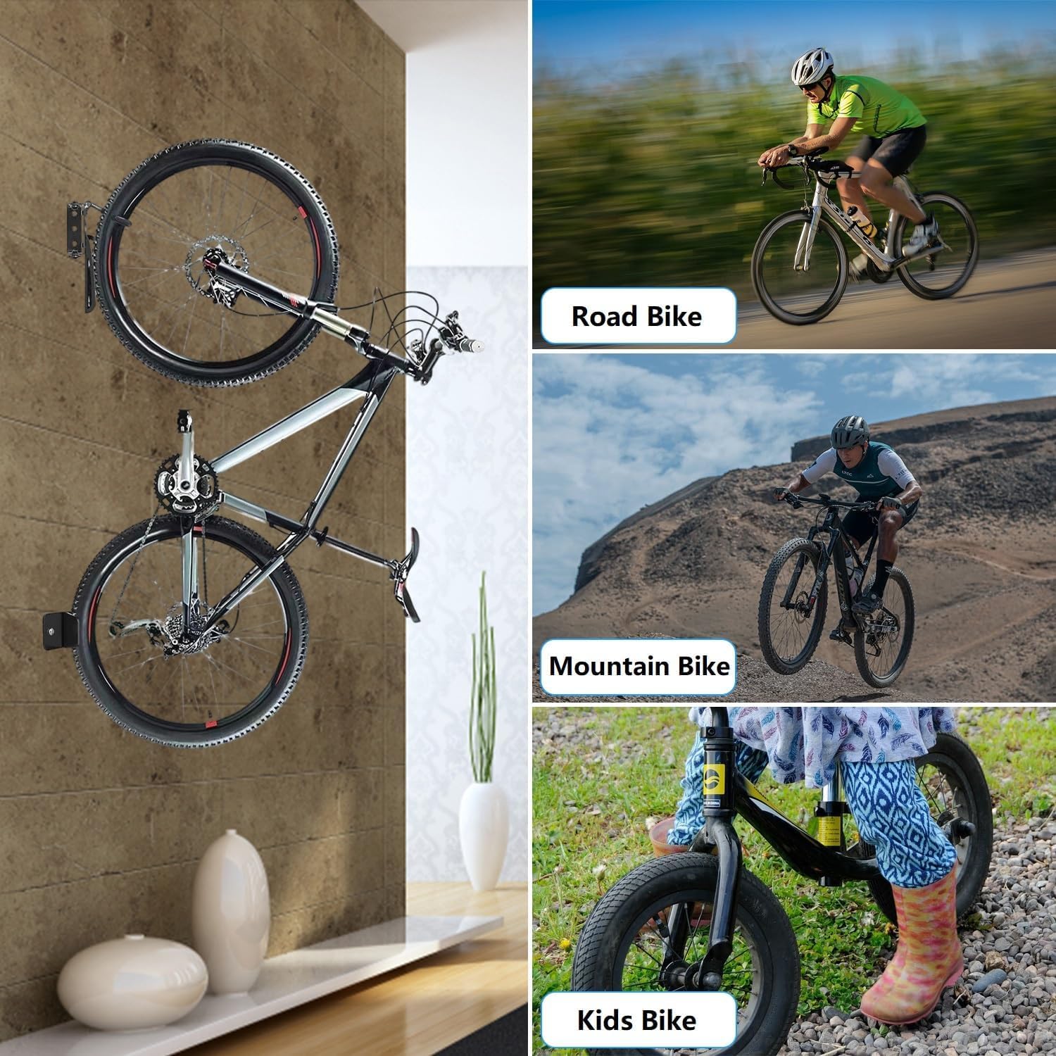 TAZZOR Heavy-Duty Steel Bicycle Wall Mount - Pack of 2, 360° Swivel Hooks for Vertical Bike Storage - Perfect for Garage, Apartment & Indoor Cycling Organization