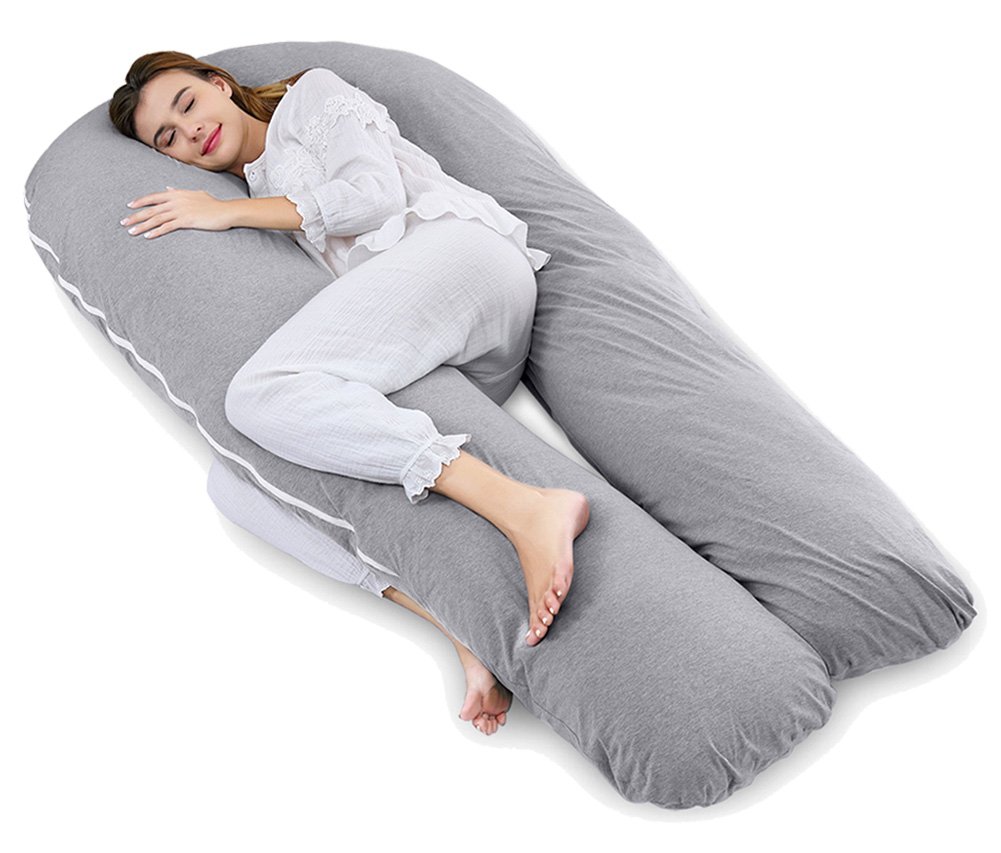 AngQi Full Body Support Pillow with Cooling Jersey Cover - U-Shaped Maternity Pillow for Pregnancy Comfort & Pain Relief - Perfect for Side Sleepers, Back Pain, and Postpartum Recovery