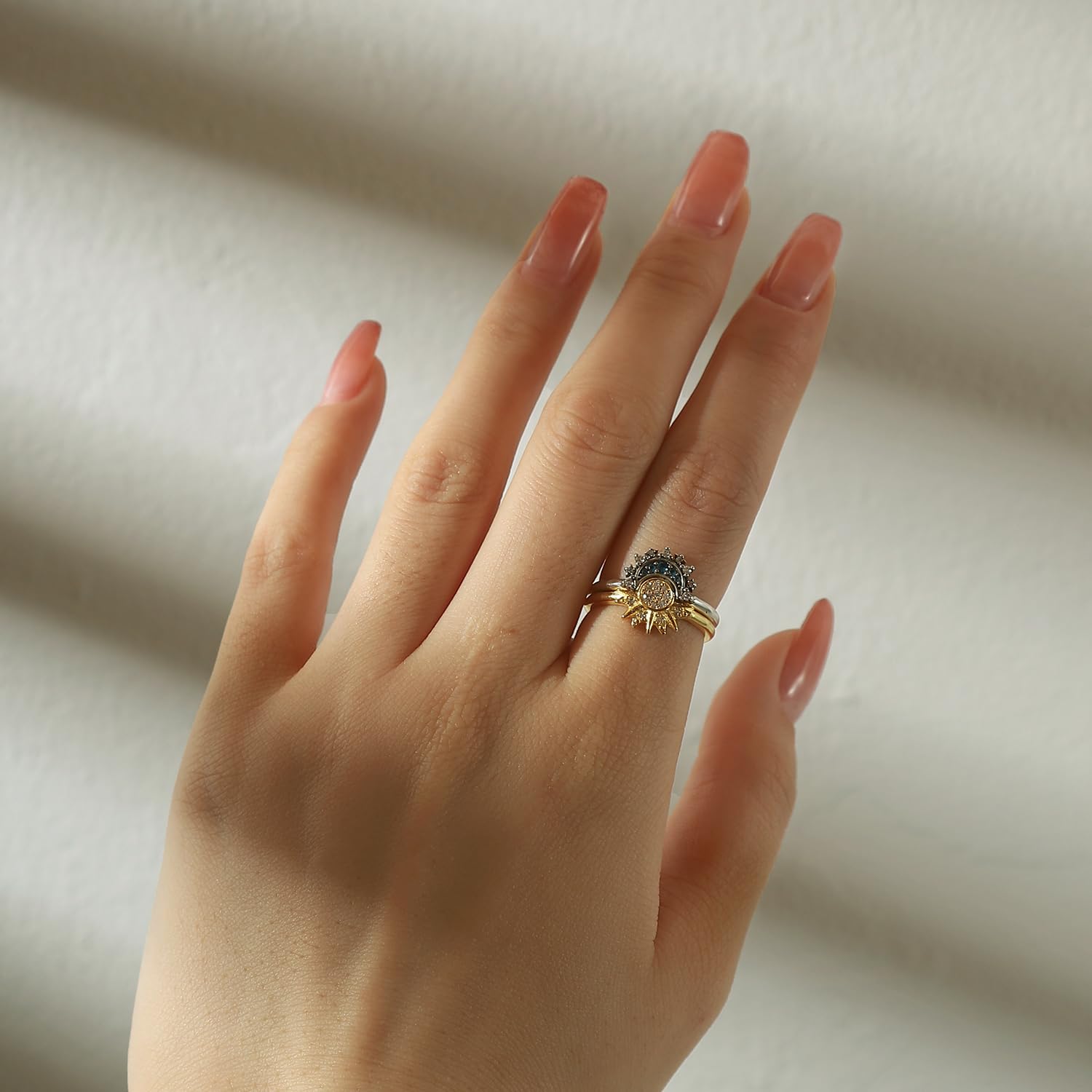 Celestial Sun and Moon Ring Set - 14k Gold/Silver Plated Sparkling Sun & Blue Moon Rings - Friendship Promise Rings for Women - Stackable Celestial Jewelry - Perfect for Gifts, Everyday Wear & Special Occasions