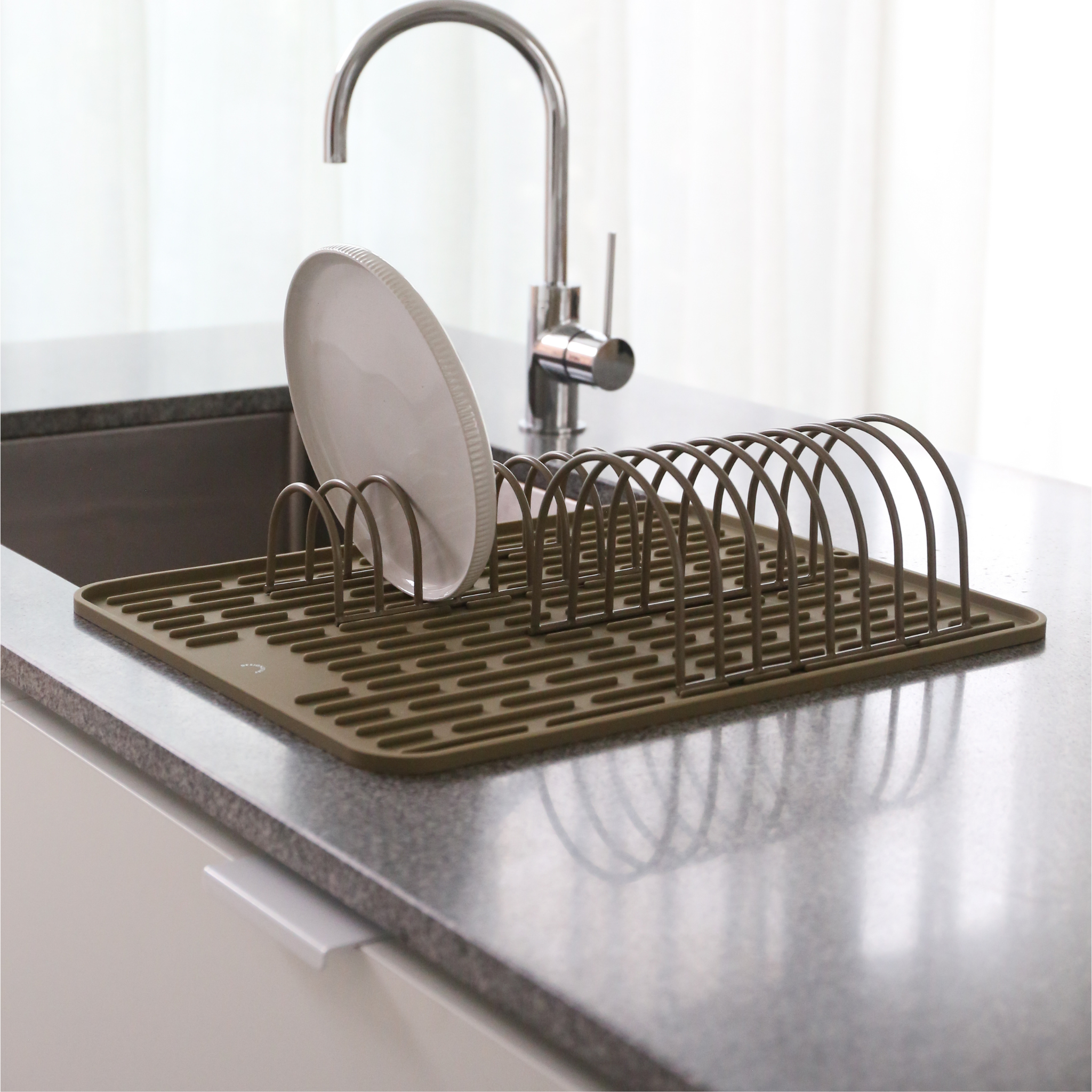 DESIGNSTUFF Dish Drainer Set of 2 - Khaki Color Kitchen Countertop Drying Rack for Plates, Bowls & Utensils | Space-Saving Dishware Organizer for Small Kitchens & Apartments