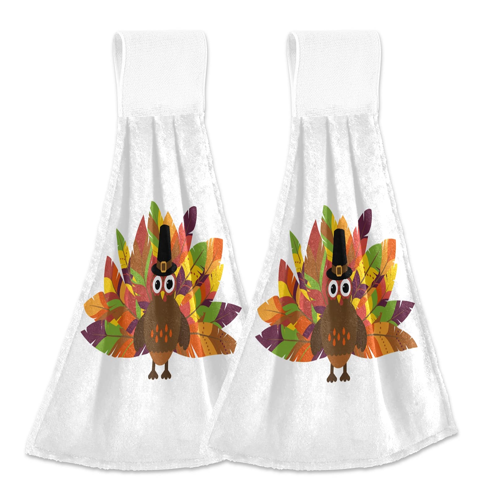 Colorful Feathers Turkey Thanksgiving Hanging Kitchen Towels - 2 Pack Fast Drying Absorbent Soft Hand Towels for Home Kitchen & Bathroom Decor - Perfect for Holiday Decor, Dish Drying & Hand Wiping