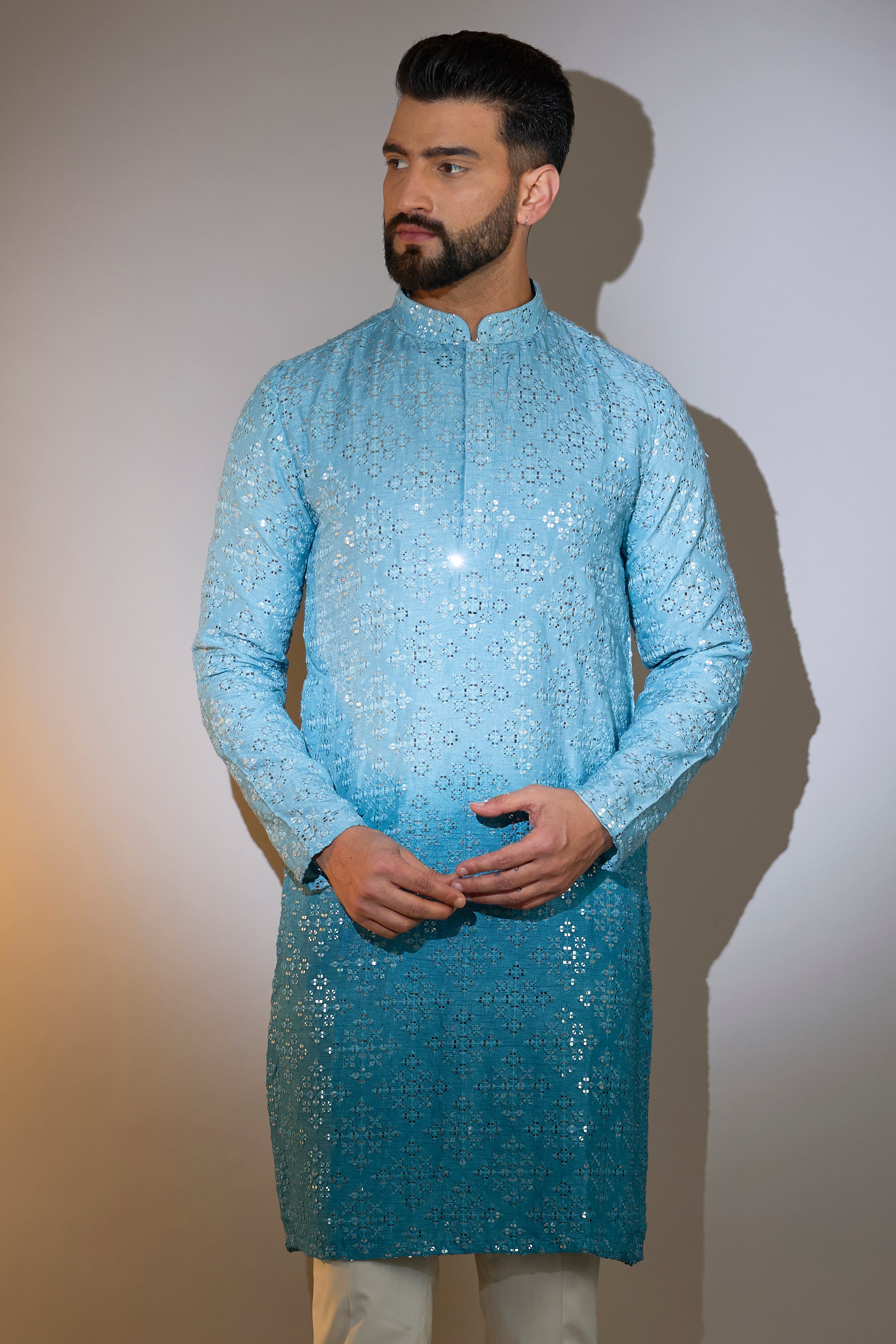Ombre Shaded Blue Mirror Work Kurta - Traditional Indian Embroidered Tunic for Women - Perfect for Festivals, Weddings & Ethnic Parties