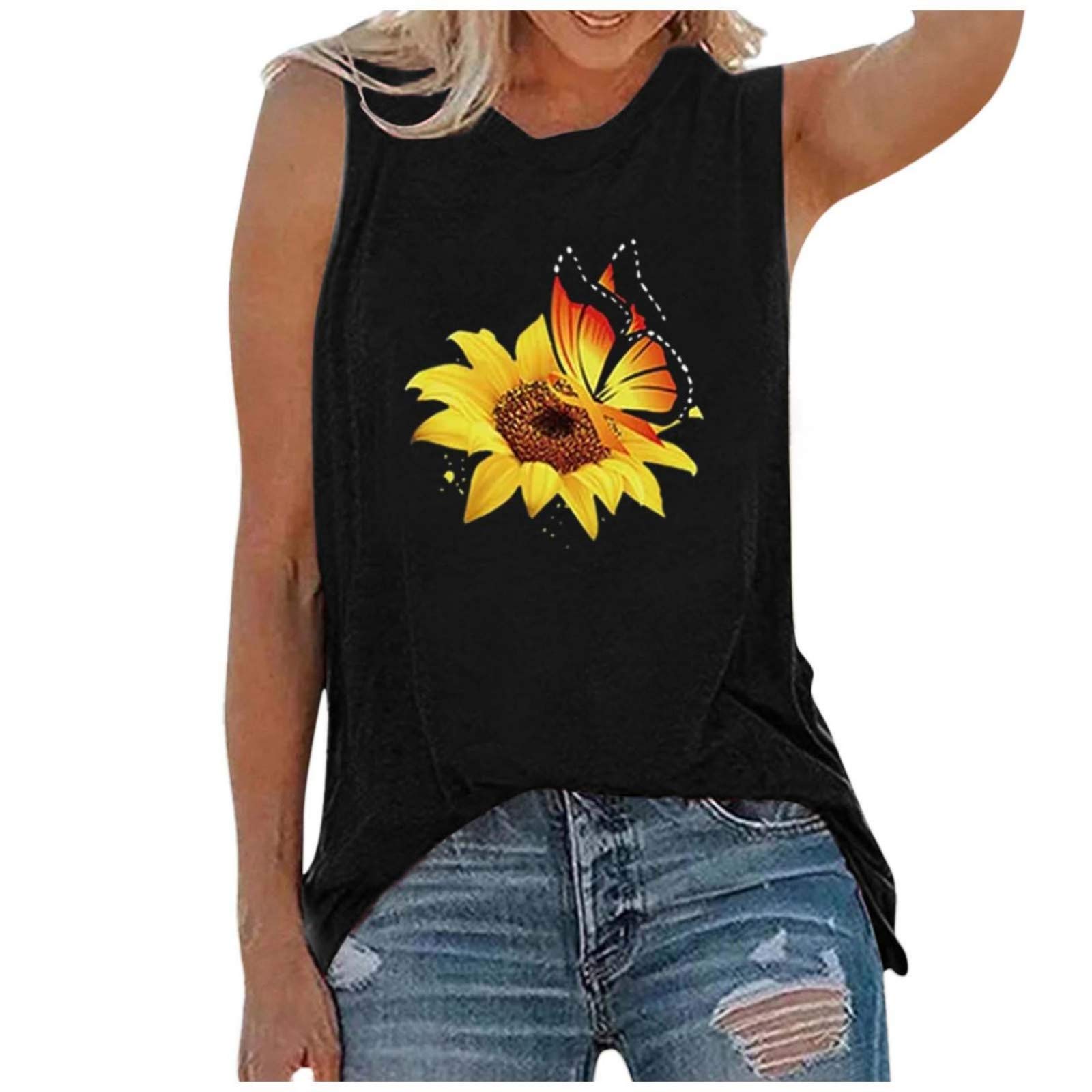 Women's Plus Size Sunflower Print Tank Tops - Casual Basic Summer Tops for Women | Perfect for Beach, Vacation & Everyday Wear