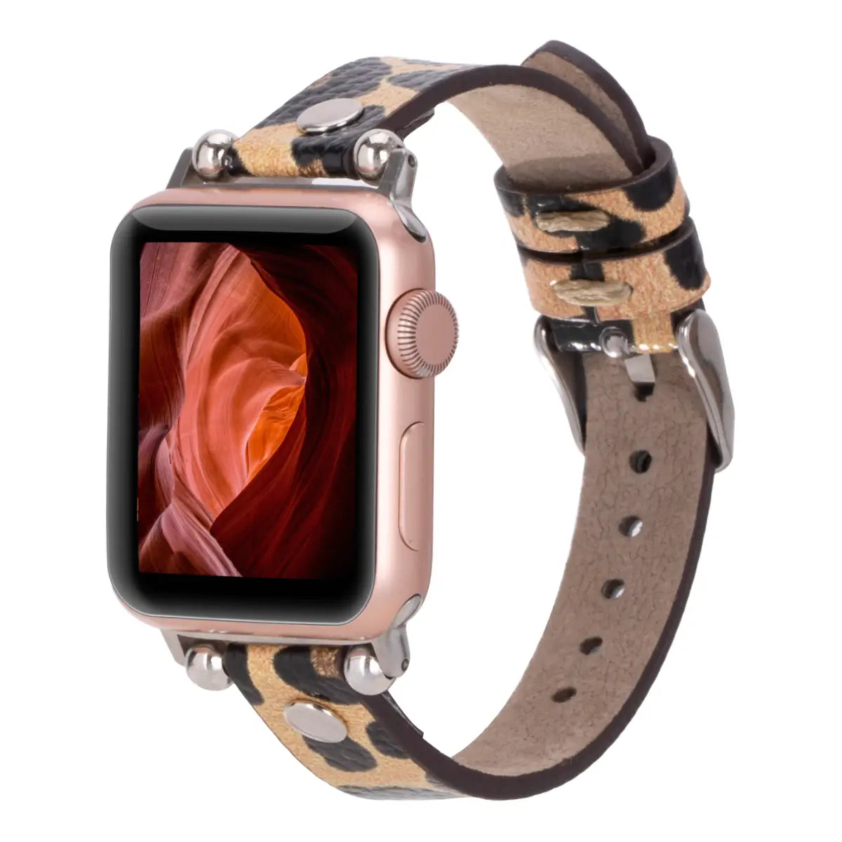 Leopard Print Genuine Leather Ultra Slim Apple Watch Band with Silver Rivets - Stylish & Durable Replacement Strap for Workouts, Office & Everyday Wear