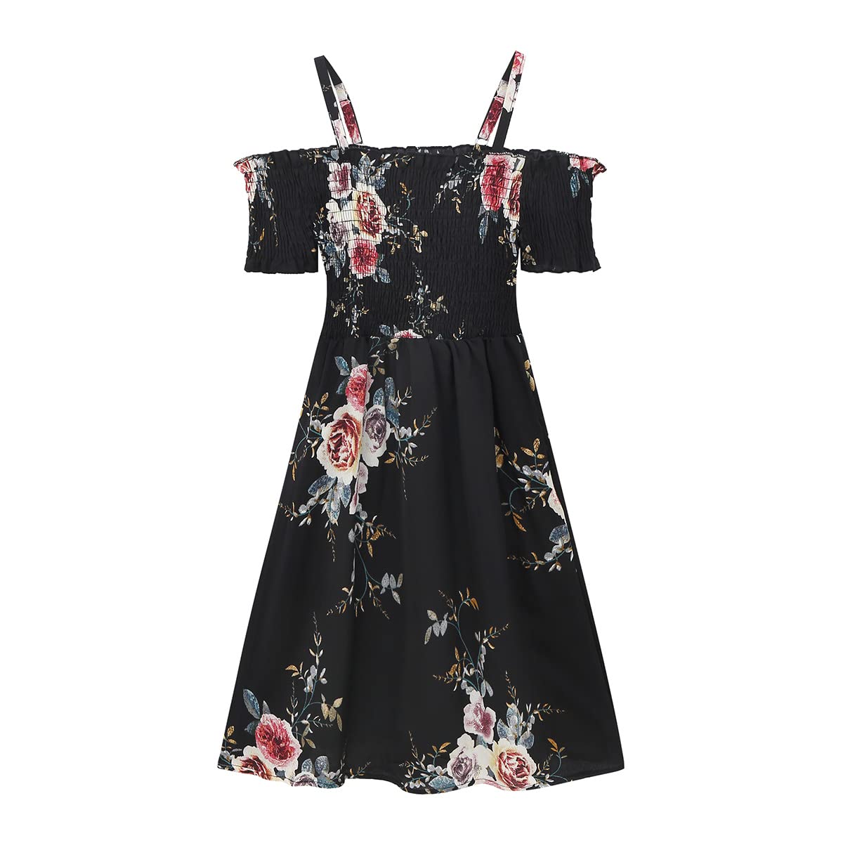 LUCKYGAL Girls Floral Summer Dress - Adjustable Spaghetti Strap Off Shoulder Party Dress with Pockets for Beach, Wedding & Special Occasions