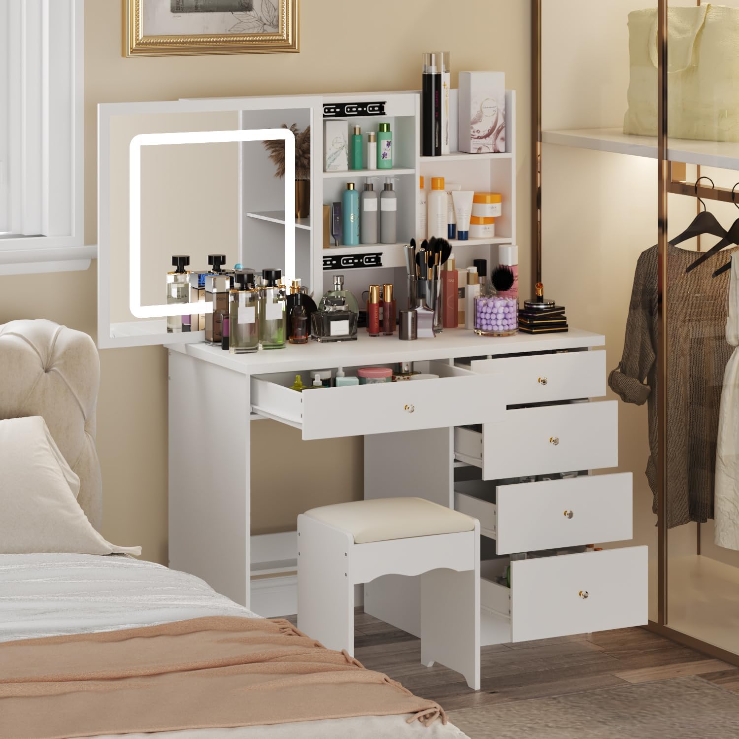 Homsee White Vanity Desk Set with Large LED Mirror & 5 Drawers - Makeup Dressing Table with Storage Shelves & Cushioned Stool for Bedroom - Perfect for Beauty Routine, Cosmetics Organization & Home Decor