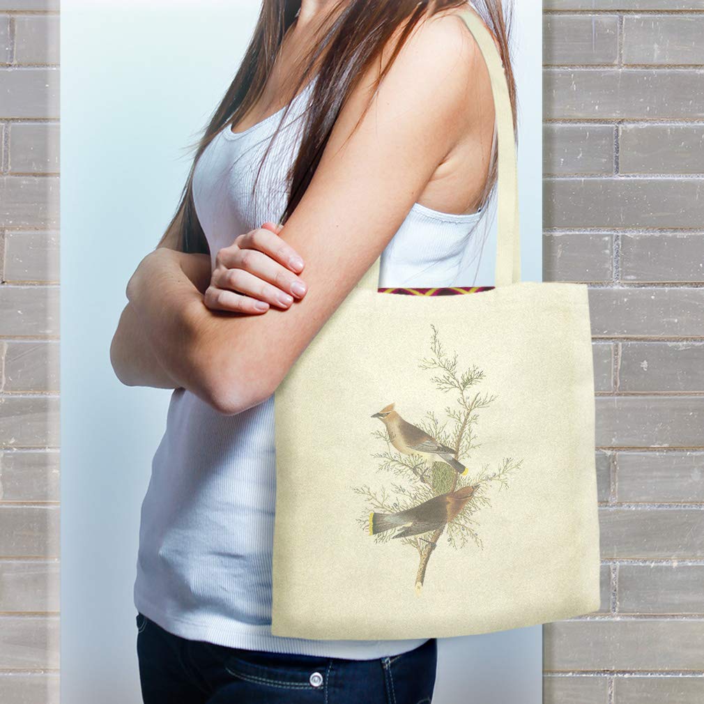 Custom Canvas Tote Bag - Cedar Waxwing Bird Design by James Audubon | Reusable Eco-Friendly Shopping & Beach Bag for Women | Perfect for Groceries, Picnics & Daily Use