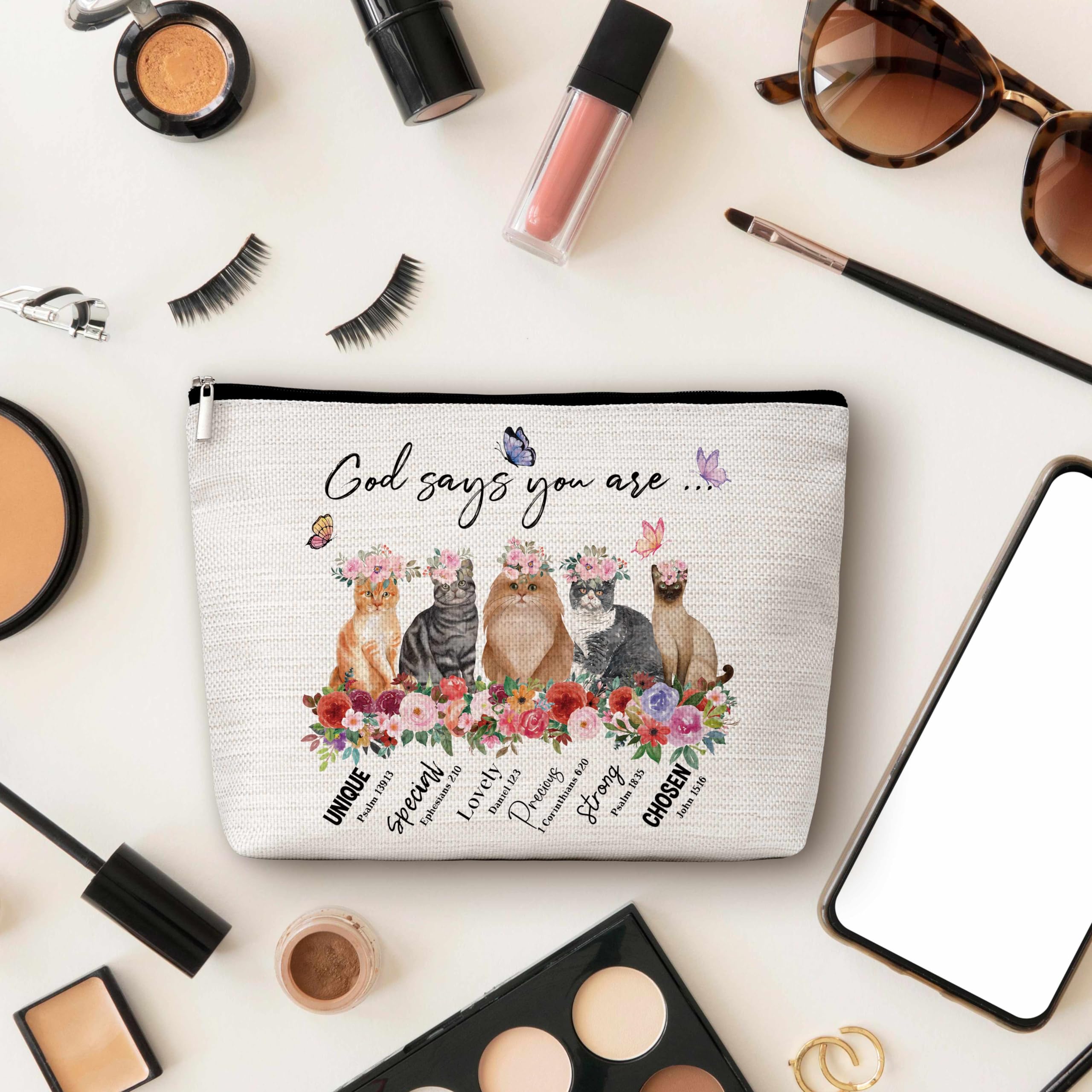 Christian Makeup Bag - God Says You Are Loved Cosmetic Pouch with Cute Cat Design, Inspirational Zipper Pouch for Women & Girls - Perfect Gift for Cat Lovers, Church Retreats & Daily Makeup Organization