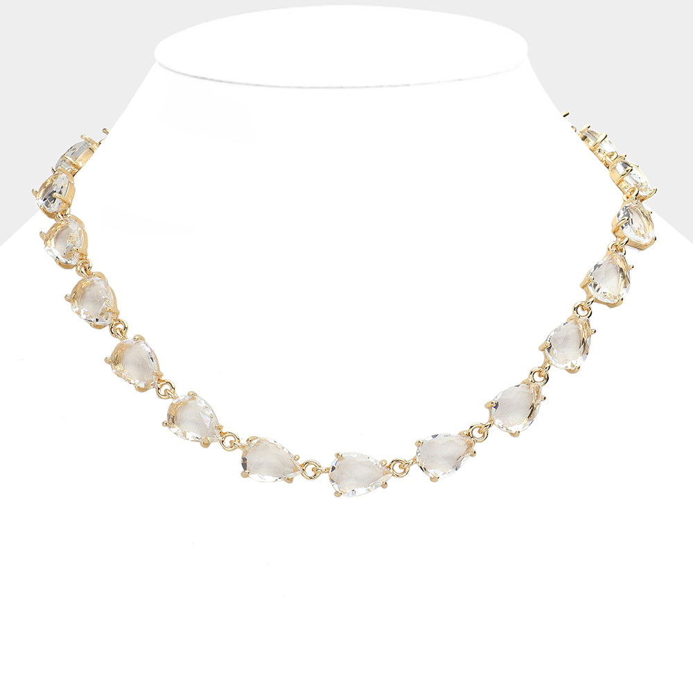 Elegant Clear Teardrop Cluster Link Pageant Necklace in Gold - Perfect for Homecoming, Prom & Formal Events | Dainty Party Jewelry for Women & Teens | 627635