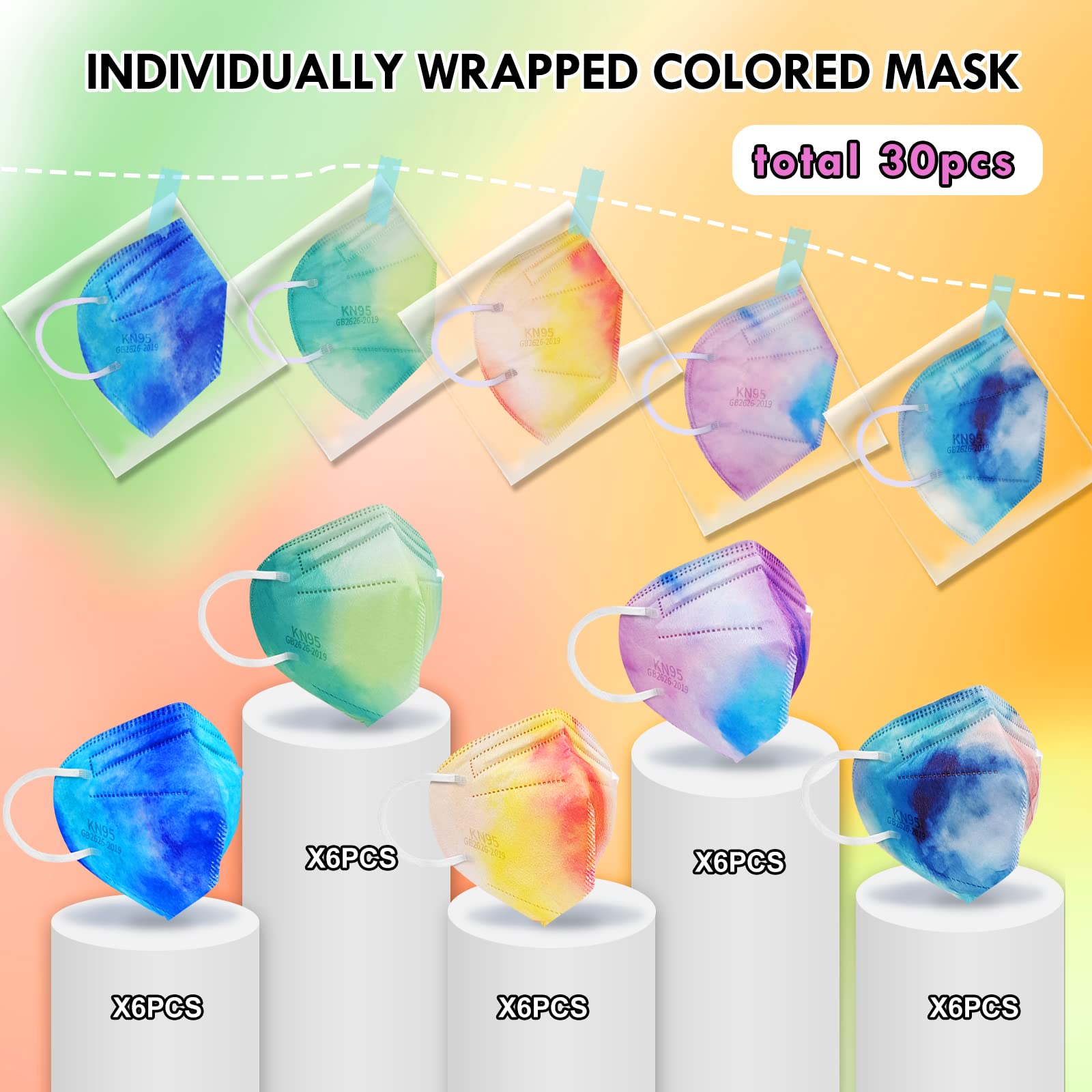 KN95 Face Masks for Women & Men - 30 Pack Individually Wrapped Tie-Dye Design, 5-Ply Breathable Comfortable Protective Masks for Daily Use, Work & Travel