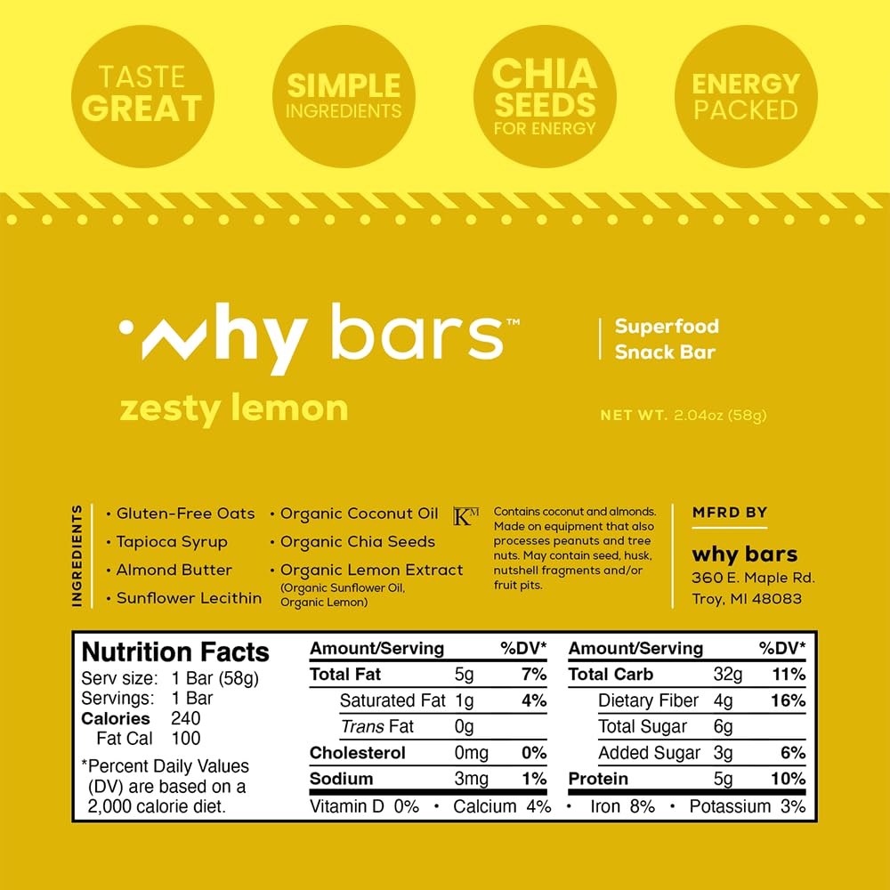 Zesty Lemon Protein Bars - Pack of 12 (2.04 oz Each) | Gluten Free, Non-GMO, Organic, Vegan Superfood Snacks with Simple Ingredients - Perfect for Gym Workouts, Hiking & Healthy On-the-Go Nutrition
