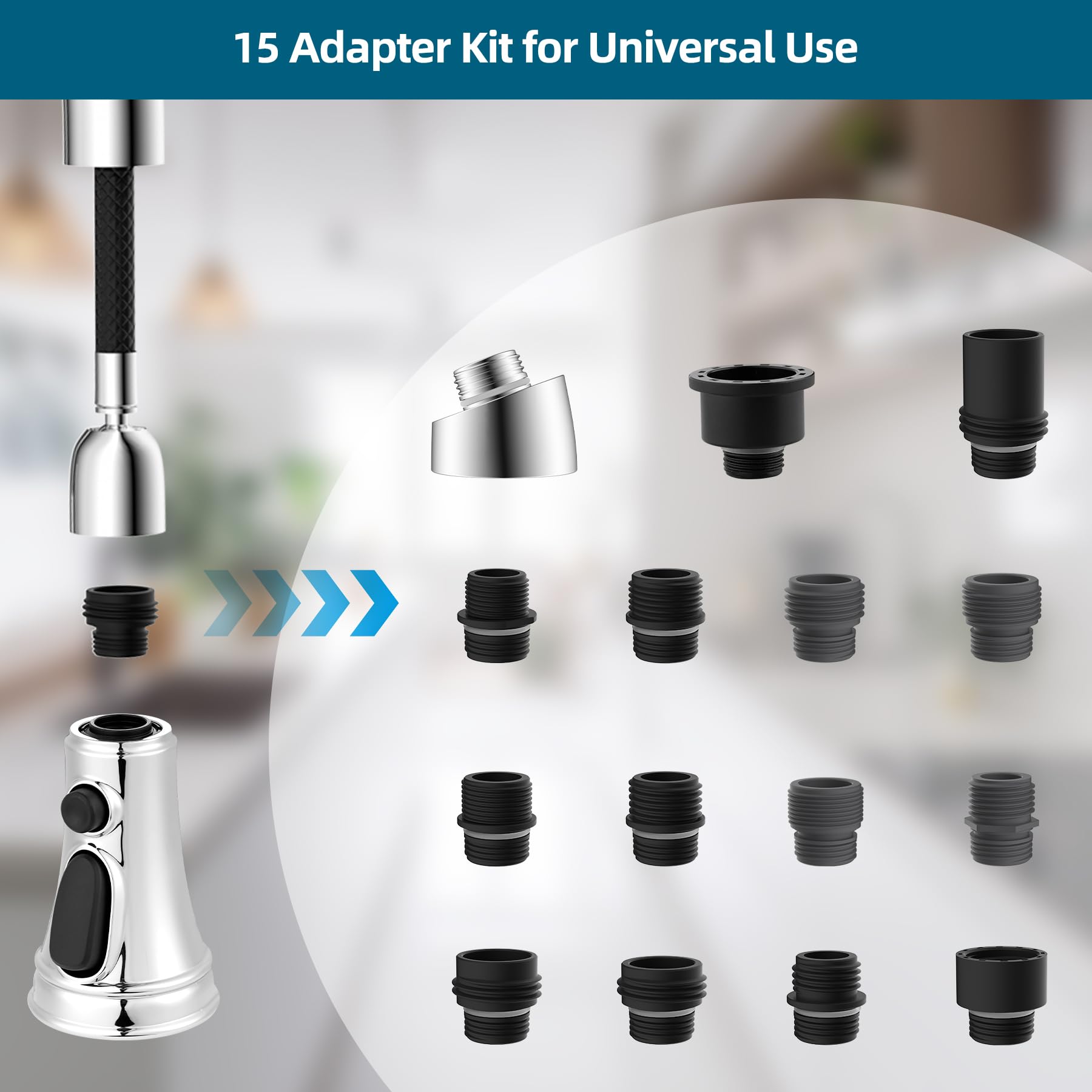 Hygie 3-Function Pull Down Kitchen Faucet Spray Head Replacement with 15 Adapter Kit - Chrome Finish Pull Out Sink Sprayer Nozzle for Modern Kitchen Faucets | Perfect for Washing Dishes, Cleaning Sinks & Food Prep