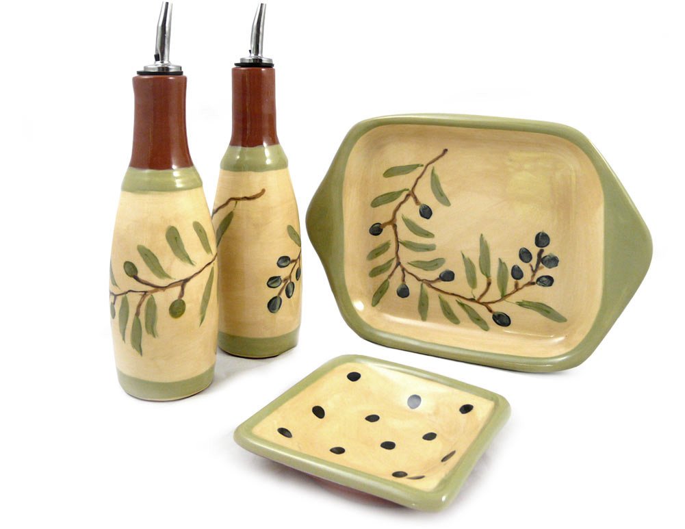 Handmade American Terra Cotta Oil and Vinegar Cruet Set with Dipping Dish & Serving Tray - Mediterranean Olive Branch Design - Perfect for Kitchen, Dining Table & Gift Giving