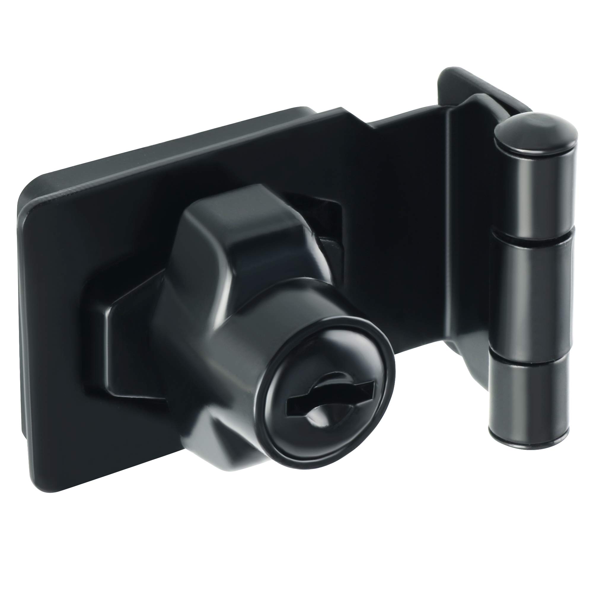90° Right Angle Alise Hasp Lock with Keys - 2.5 Inch Black Door Hinge Clasp Latch for Chests, Cabinets & Security Gates - Durable Metal Hinged Lock Without Padlock (Ideal for Storage Units, Toolboxes & Outdoor Sheds)