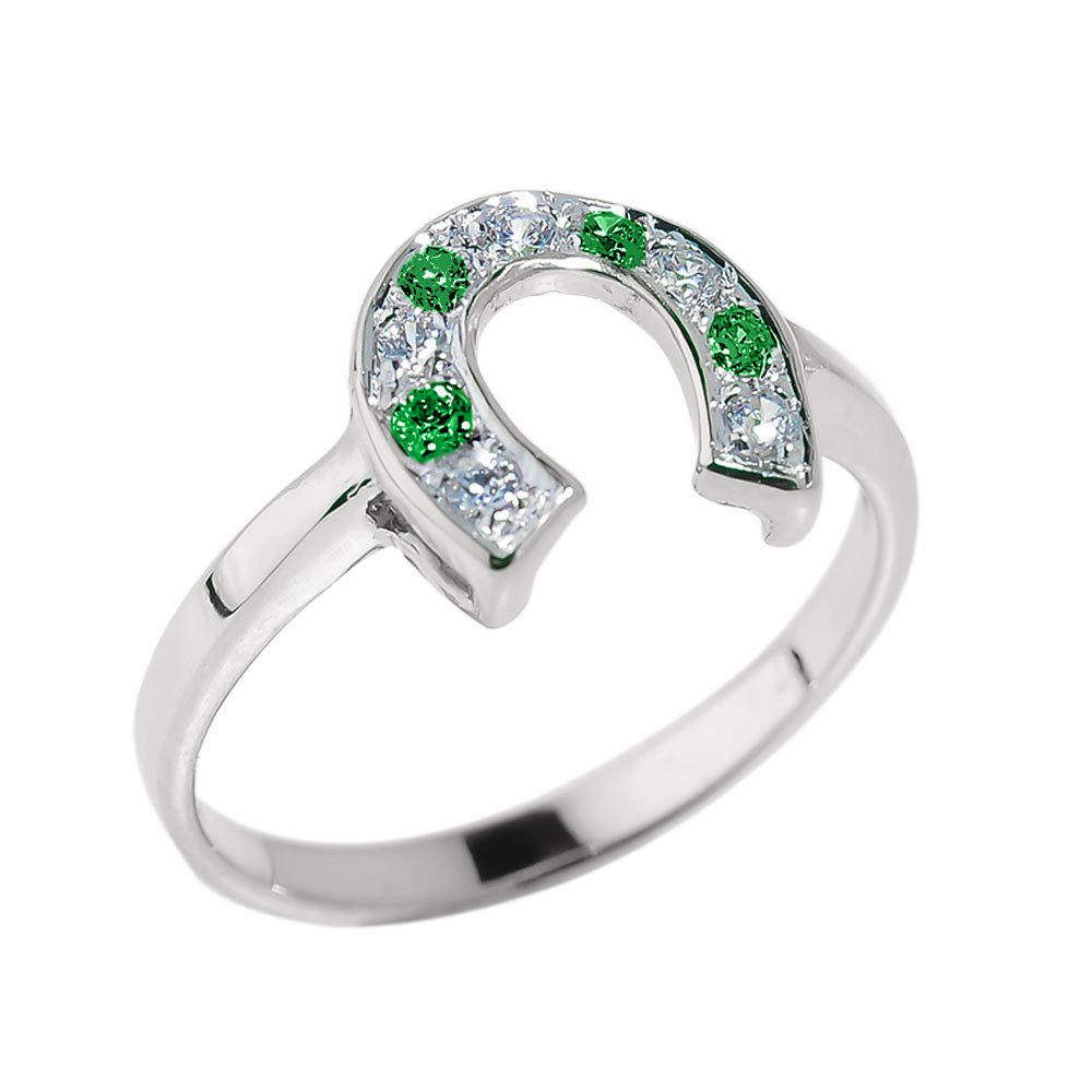 10k White Gold Green & White CZ Lucky Horseshoe Ring for Women - Elegant Jewelry Gift for Birthday, Anniversary & Good Luck Charm | Perfect for St. Patrick's Day & Everyday Wear