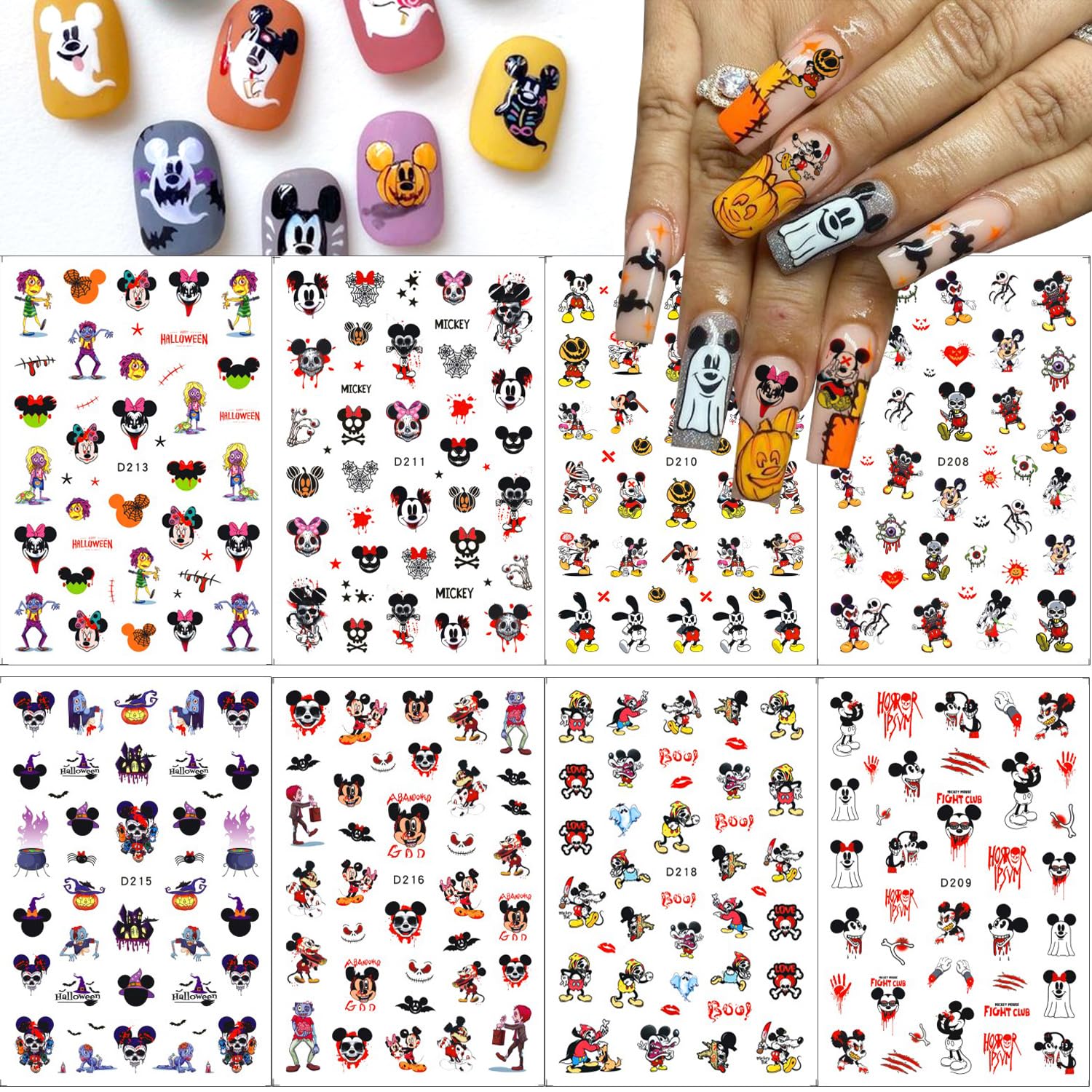 8 Sheets Halloween Nail Stickers - 3D Self-Adhesive Gothic Nail Art Decals with Cute Cartoon Pumpkin & Skull Designs - Fun Manicure Tips for Women & Girls - Perfect for Halloween Parties, Costume Events & Spooky Nail Art