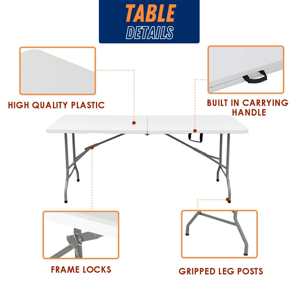 8FT Heavy Duty Folding Table - Indoor Outdoor Portable Plastic Picnic Table with Handle & Lock - White (4ft 6ft 8ft Sizes) for Parties, Camping, BBQ, Tailgating & Home Dining