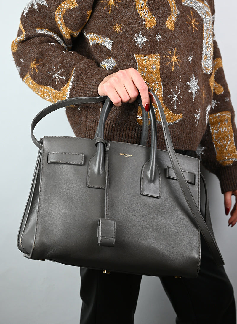 Saint Laurent Sac de Jour Medium Grey Leather Handbag - Luxury Tote Bag for Women, Work & Travel