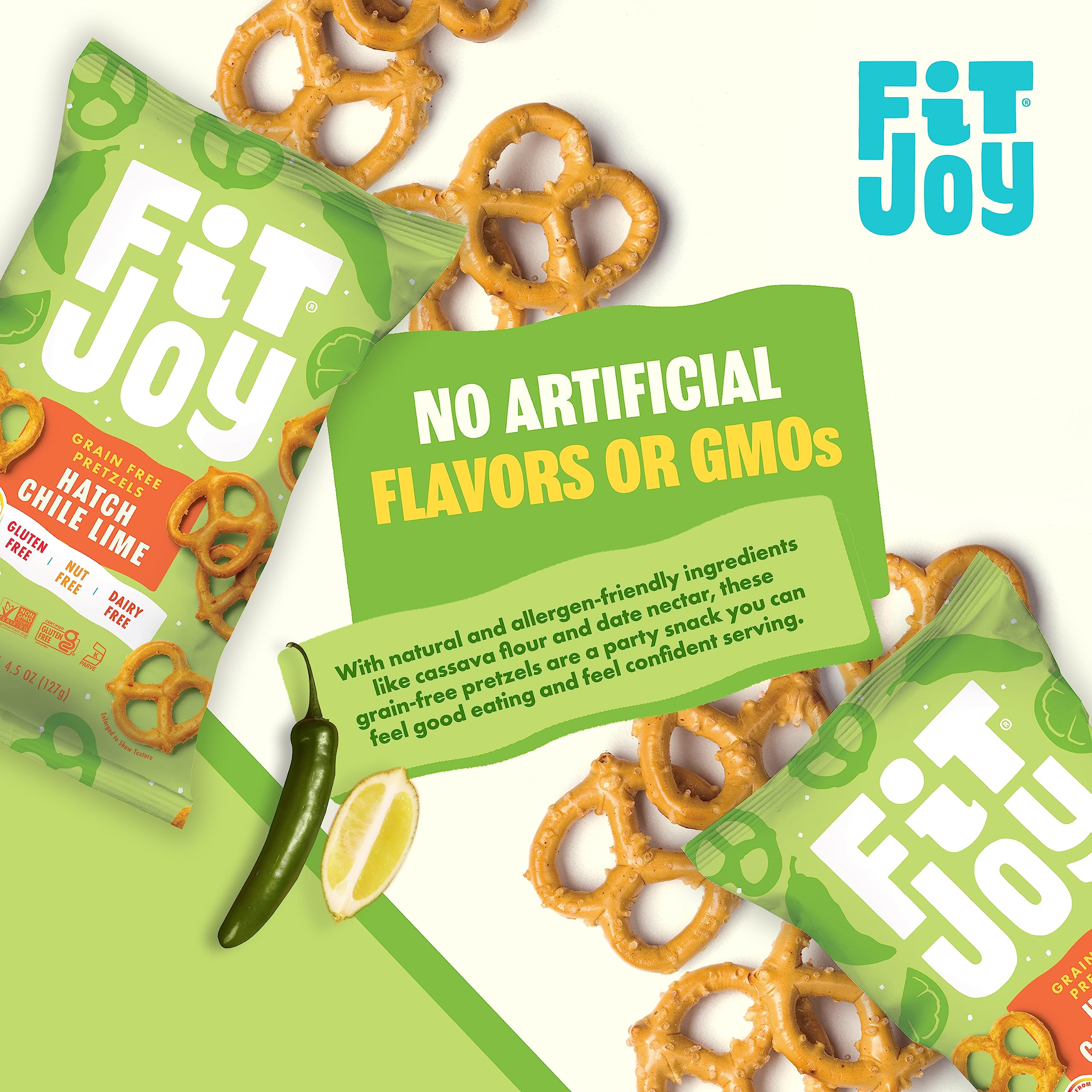FitJoy Gluten Free Pretzels - Hatch Chile Lime Twists | Grain Free, Non-GMO, Vegan Certified Snacks | Made in USA, Nut Free, Crispy Crunchy Texture | Perfect for Keto Diet, Healthy On-the-Go Snacking & Party Favors (4.5 Oz, 6 Pack)