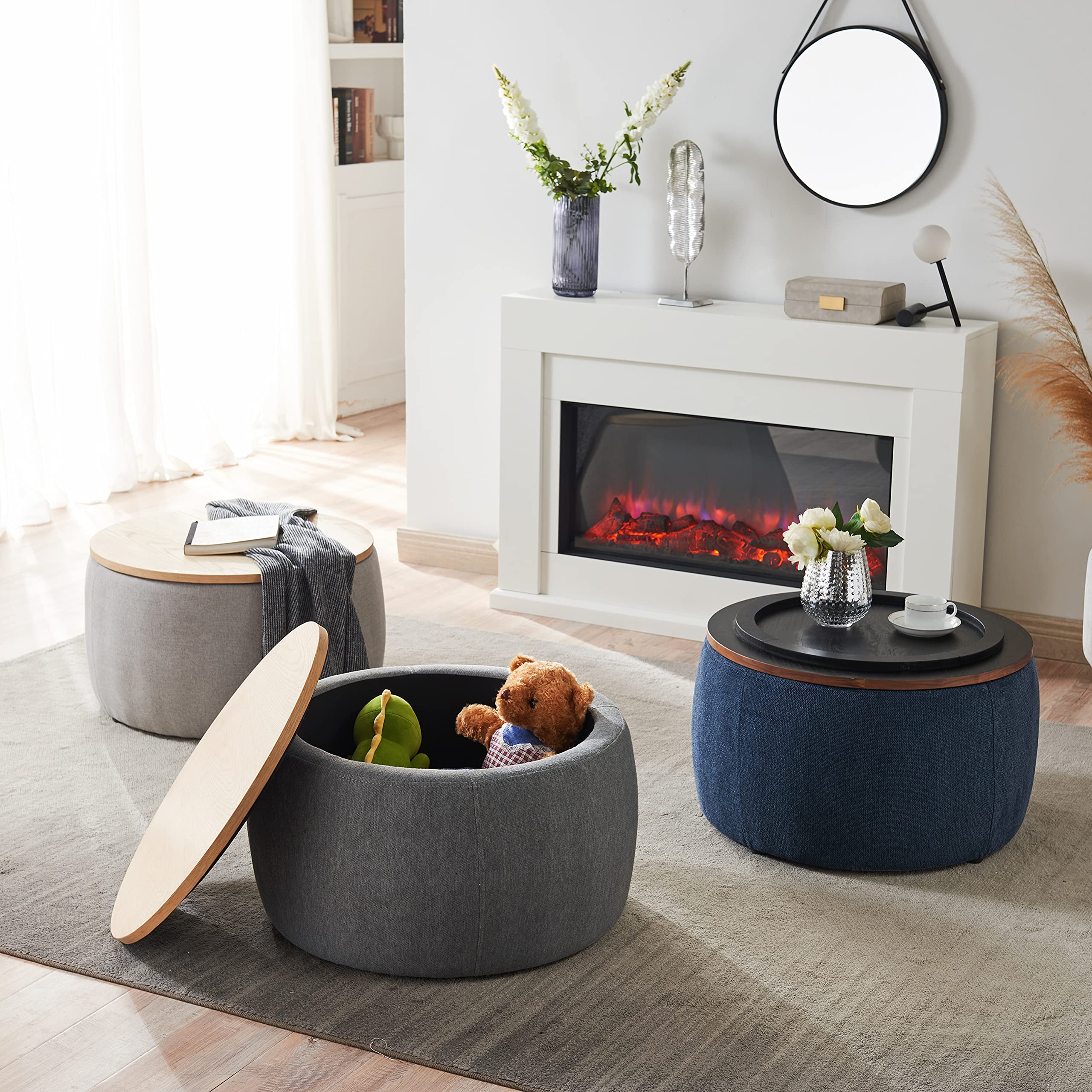 Round Storage Ottoman Coffee Table with Lift Top - Navy Blue Footstool, Side Table & End Table for Living Room, Bedroom & Dorm - Perfect for Extra Seating & Hidden Storage