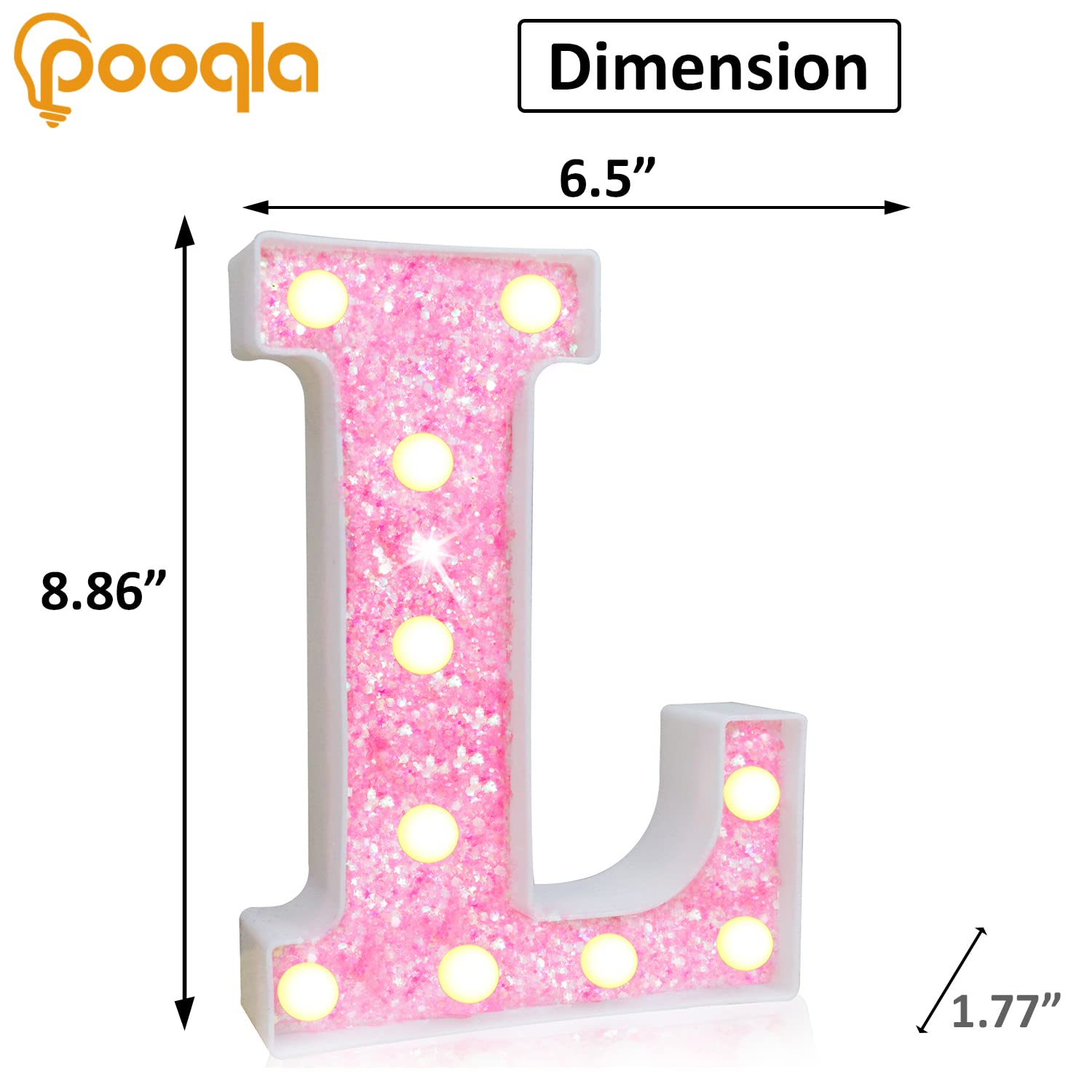 Pooqla LED Marquee Letter Lights - Pink Glitter Alphabet Light Up Sign, Battery Powered for Night Light, Birthday Party, Wedding, Home Bar & Christmas Decorations - Perfect for Girls Gifts & Bedroom Decor