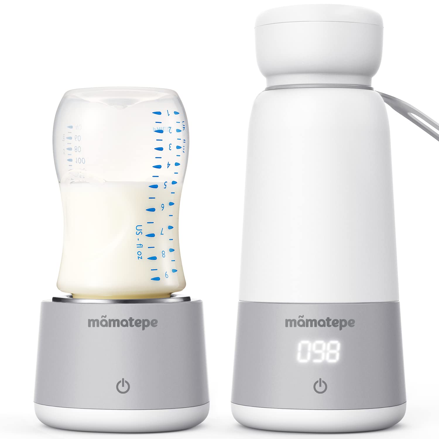 Mamatepe 2-in-1 Portable USB Rechargeable Baby Bottle Warmer for Travel - 4 Temperature Settings for Breastmilk, Formula & Water - Compact Milk Warmer for On-the-Go Parents (Perfect for Car, Stroller & Diaper Bag)