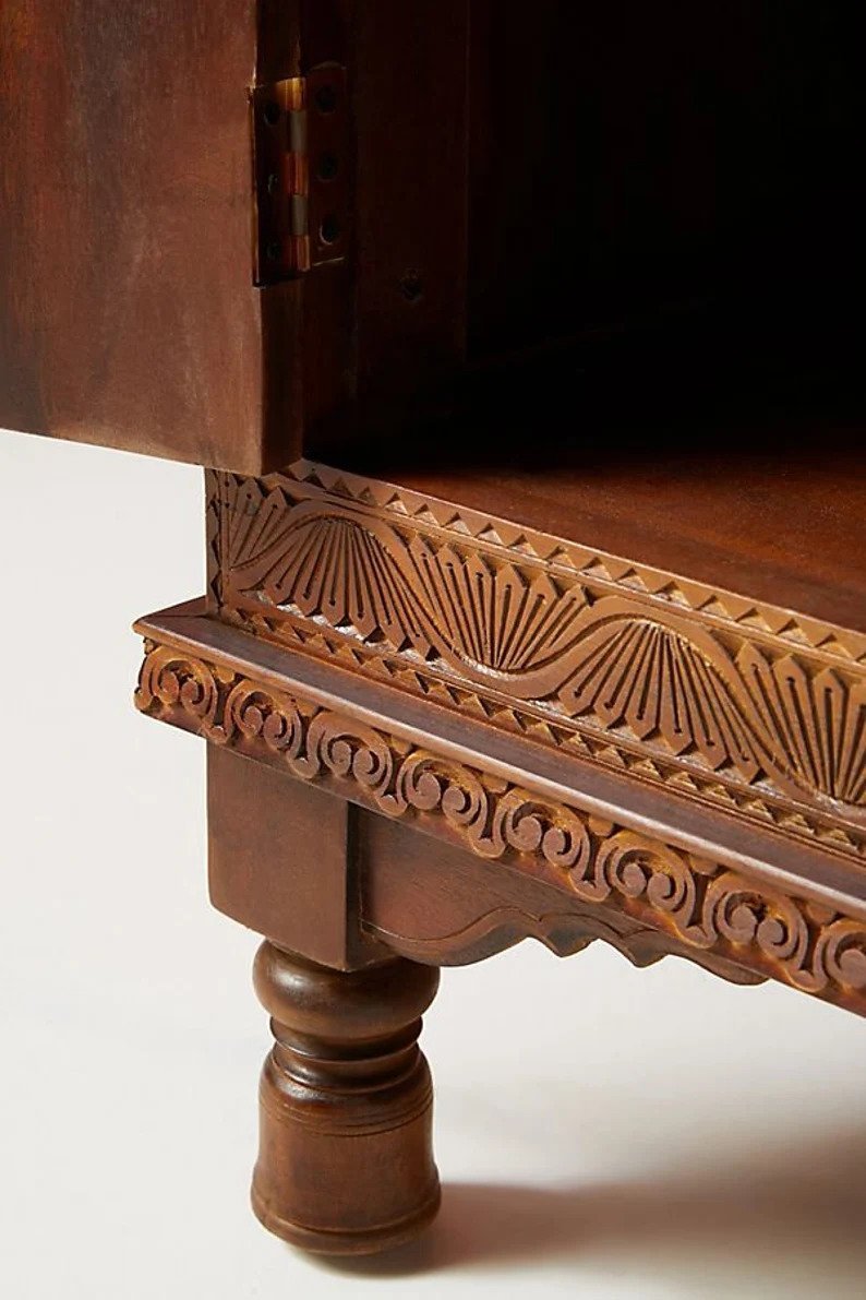 Hand Carved Wooden Sideboard - Brown Checkered Wood Carving Buffet Cabinet for Dining Room, Living Room & Entryway Storage | Rustic Home Decor Furniture