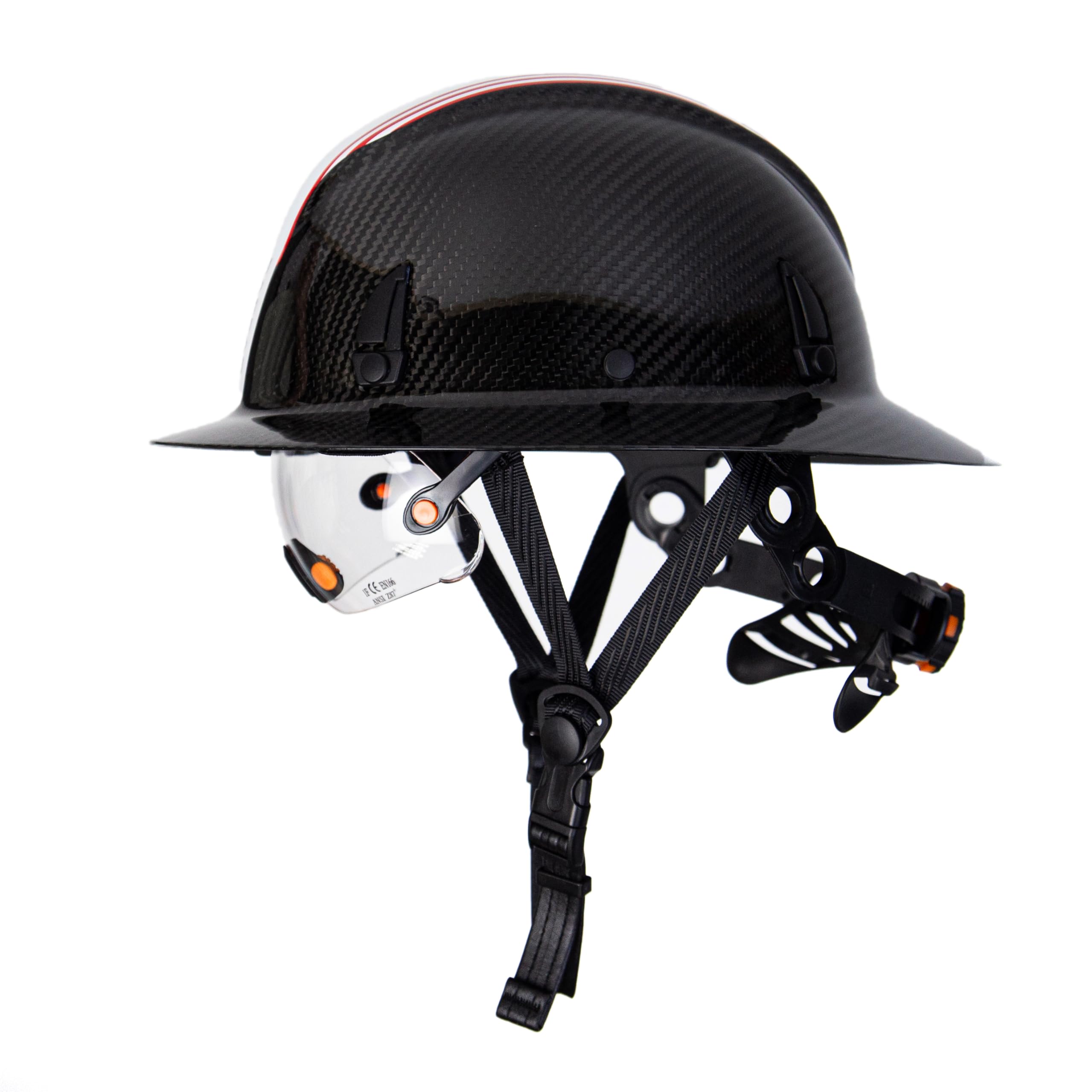 Carbon Fiber Full Brim Hard Hat Safety Helmet with Goggles & Adjustable 6-Point Suspension - OSHA Approved for Construction, Mining & Industrial Work | Includes Leather Chin Strap & Neck Protection