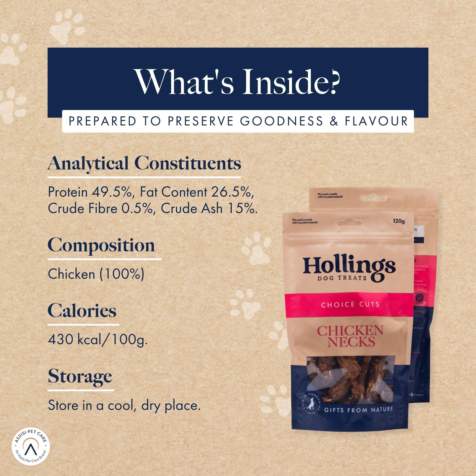 Hollings 100% Natural Air Dried Chicken Necks Dog Treats - Grain Free, High Protein Chews for Adult Dogs (120g) - Perfect for Training Rewards & Dental Health