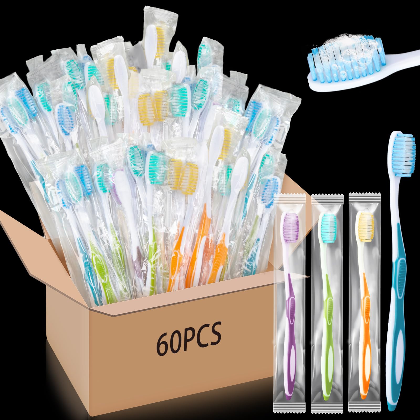 Maxcheck 60 Pack Colorful Pre-Pasted Disposable Toothbrushes - Individually Wrapped Travel Toothbrushes with Toothpaste | Perfect for Homeless Shelters, Travel, Camping & Emergency Kits