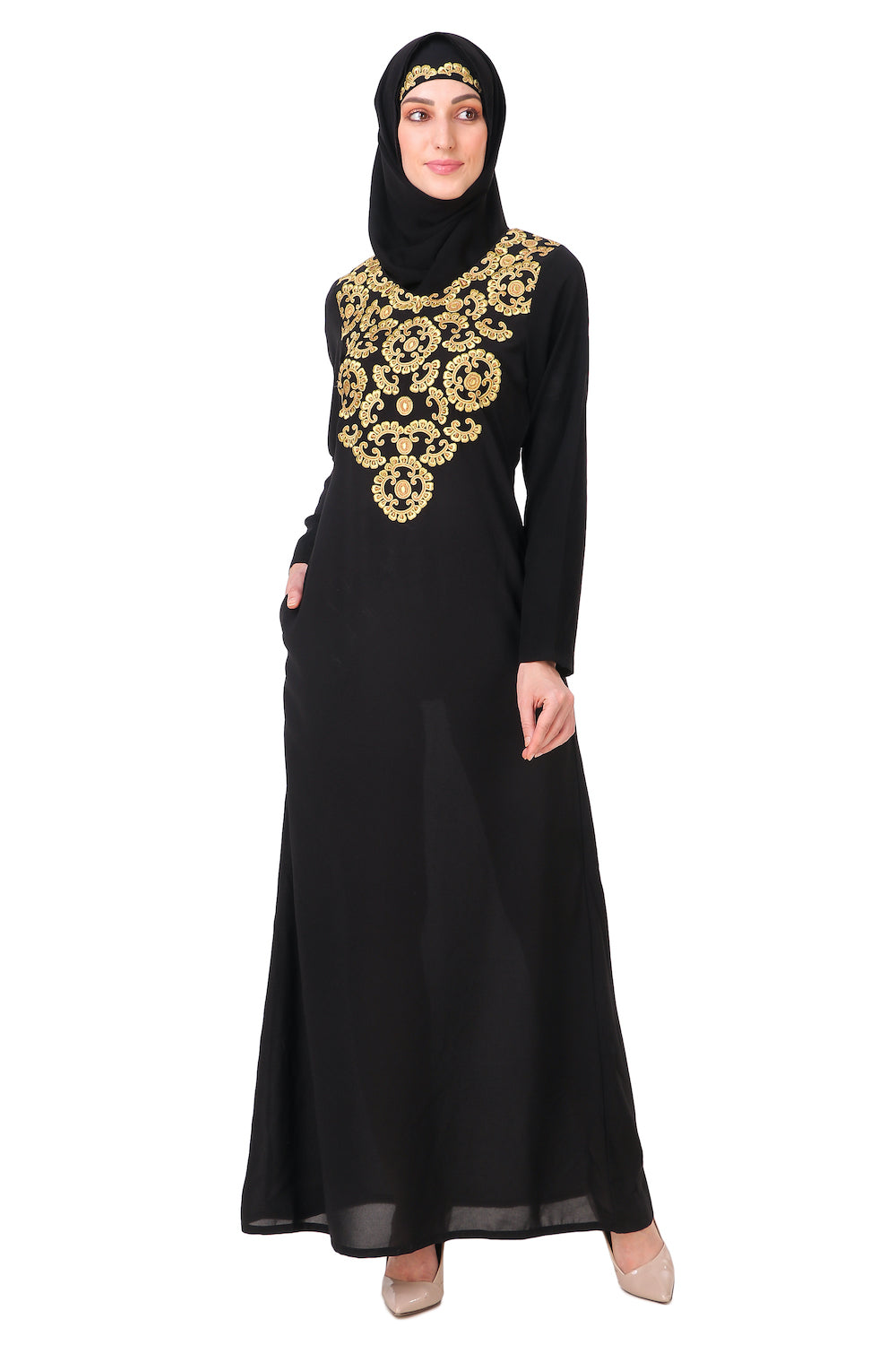 Hand Embroidered Gold & Copper Neck Abaya Dress - Elegant Islamic Modest Fashion for Women | Perfect for Eid, Wedding & Special Occasions