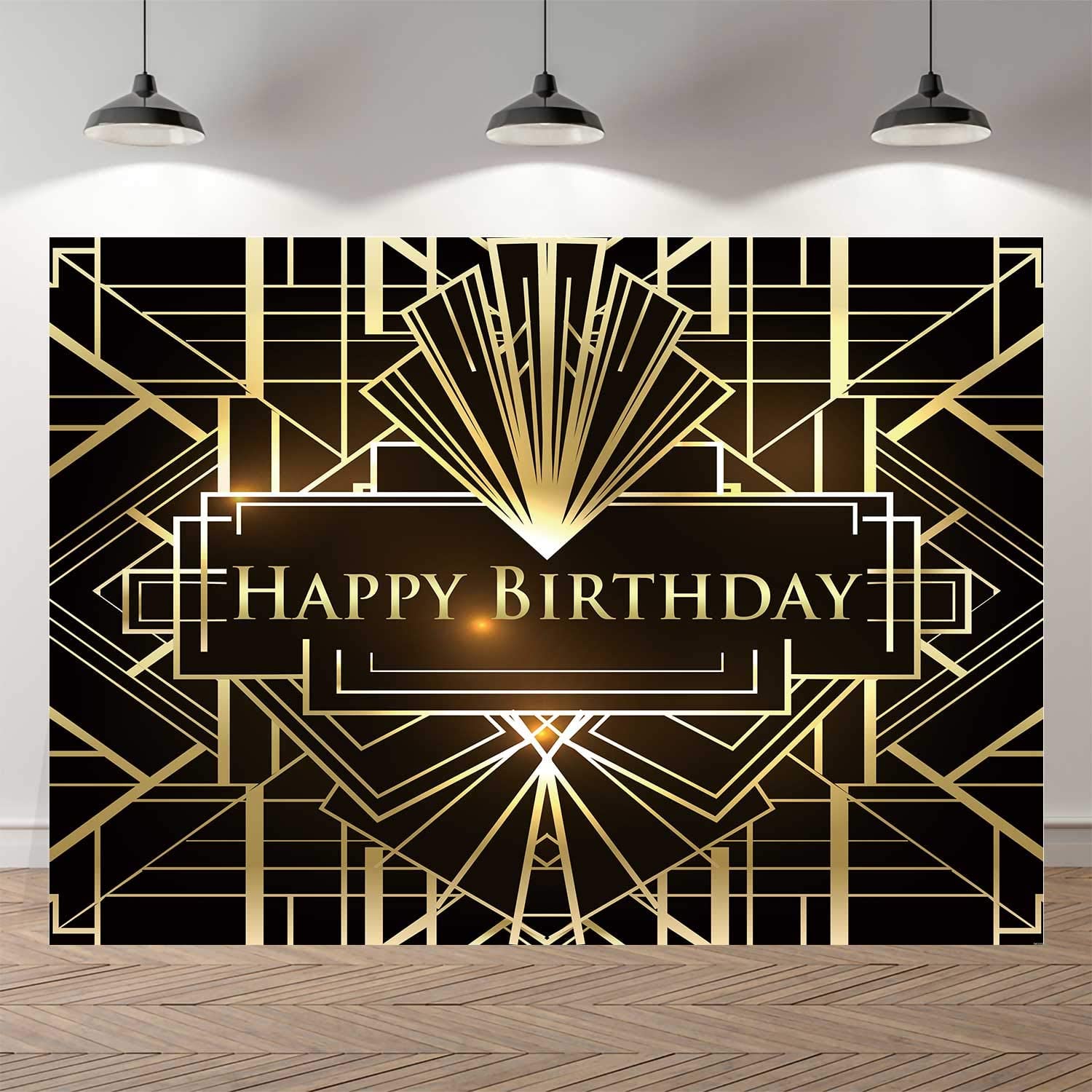 7x5ft Happy Birthday Backdrop - Black & Gold Gatsby Party Decorations, Birthday Banner for Roaring 20s Theme Party, Photo Booth Background, Anniversary & Special Event Decor