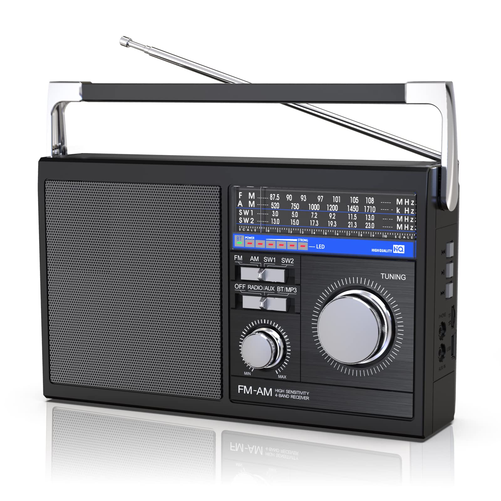 Portable AM FM Radio with Bluetooth - Retro Transistor Radio with SW Band, Best Reception, Battery or AC Power, Bluetooth Speaker, Earphone Jack, USB/TF/AUX Input - Perfect for Seniors, Home, Office, Travel & Emergency Use (Black)