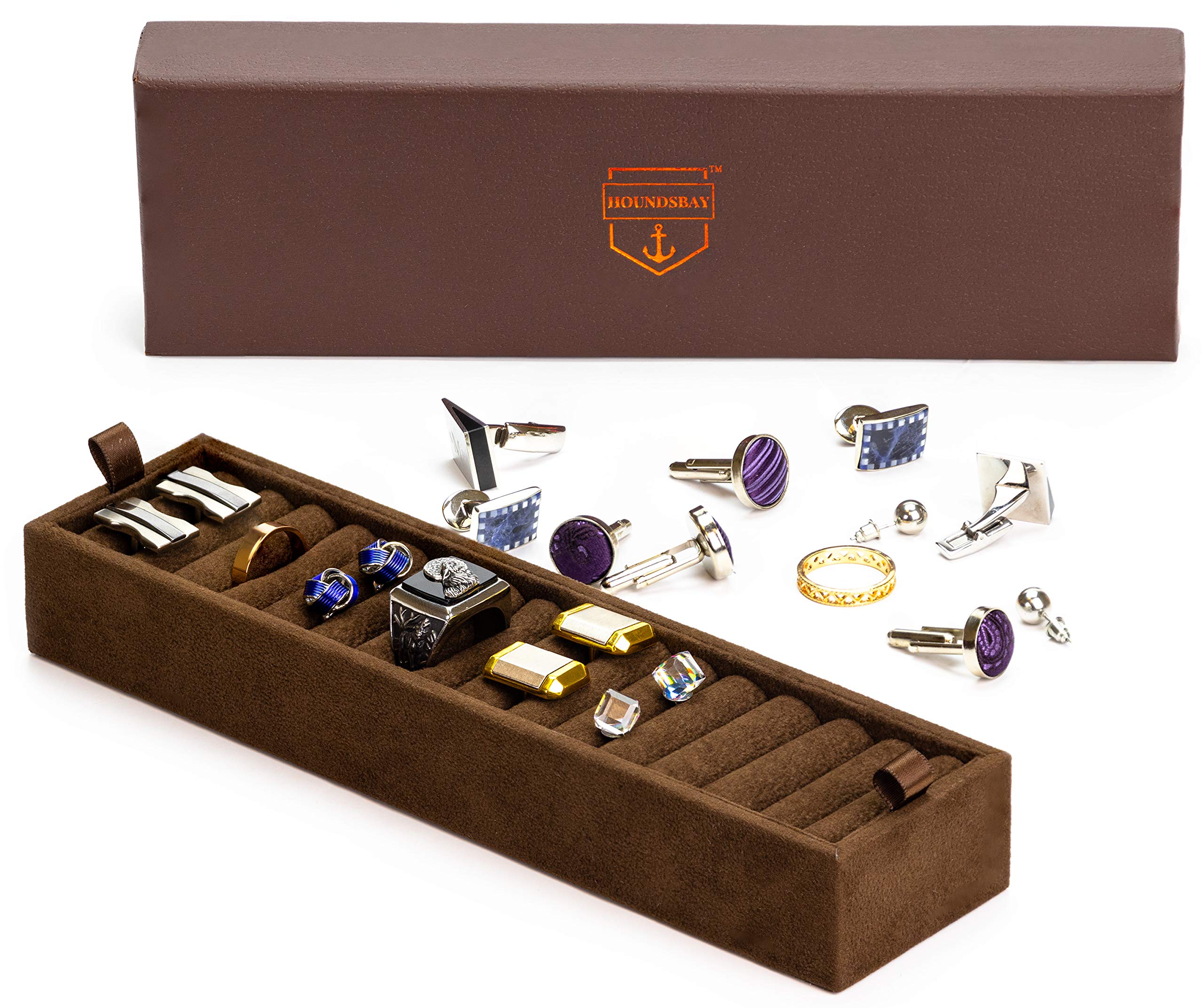 HOUNDSBAY Premium Leather Jewelry Box with Padded Ring & Cufflink Tray - Admiral & Commander Dresser Organizer, Wooden Valet Tray for Men (Brown) - Perfect for Wedding Rings, Watches & Luxury Accessories Storage