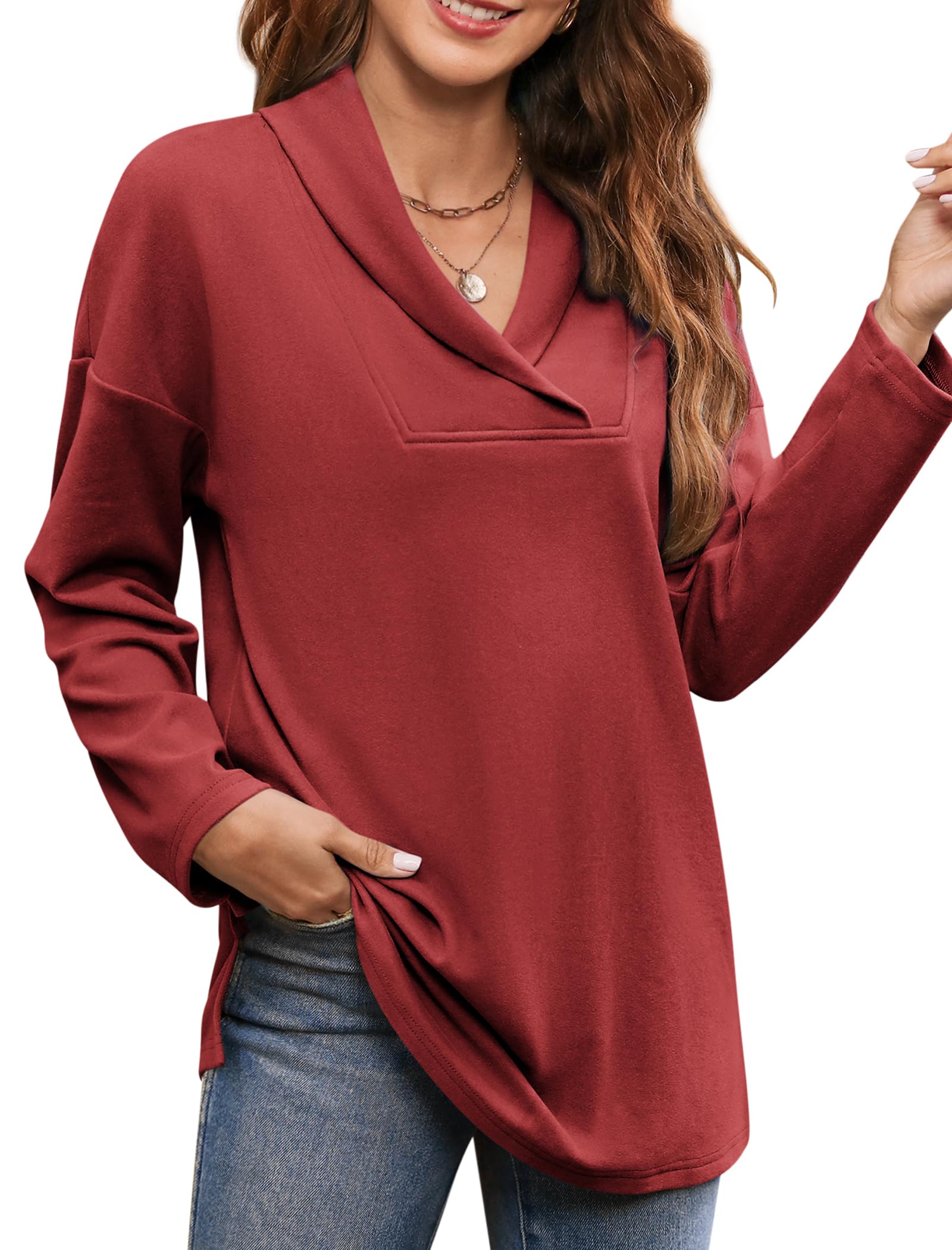 BZB Women's Polo Shirts - Shawl Neck Long Sleeve Tunic Tops for Leggings | Casual Workwear & Yoga Outfits
