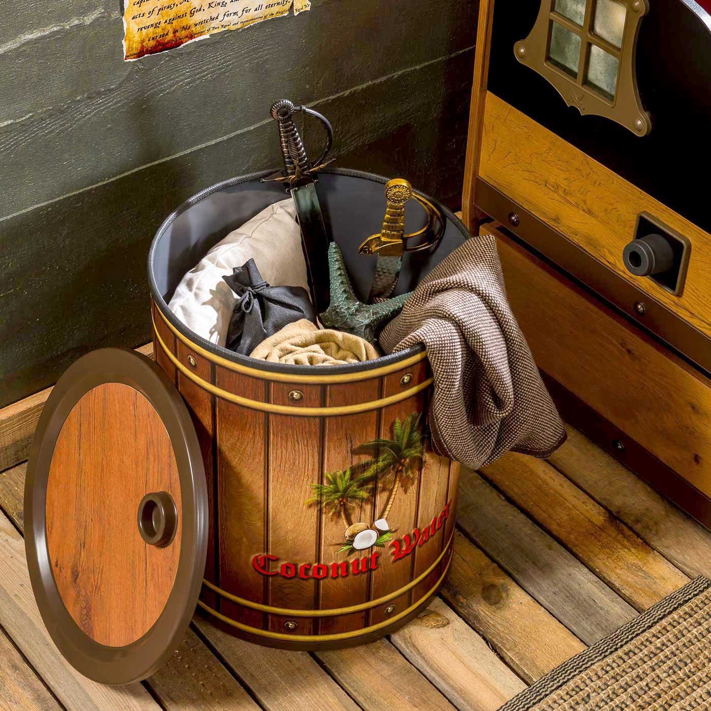 Pirate Themed Coconut Nightstand and Toy Storage Box - Brown Wooden Kids Furniture for Bedroom & Playroom Organization