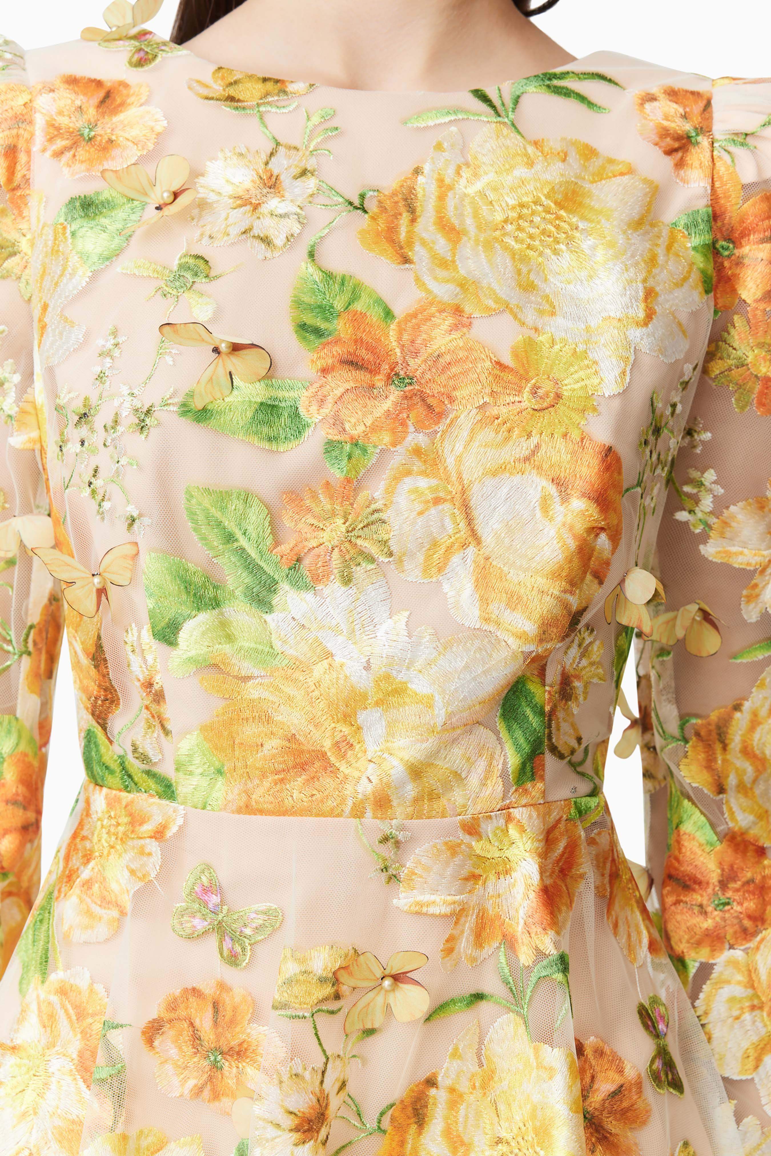 Aella Yellow Floral Embroidery A-Line Mini Dress for Women - Perfect for Summer Parties, Weddings & Casual Outings