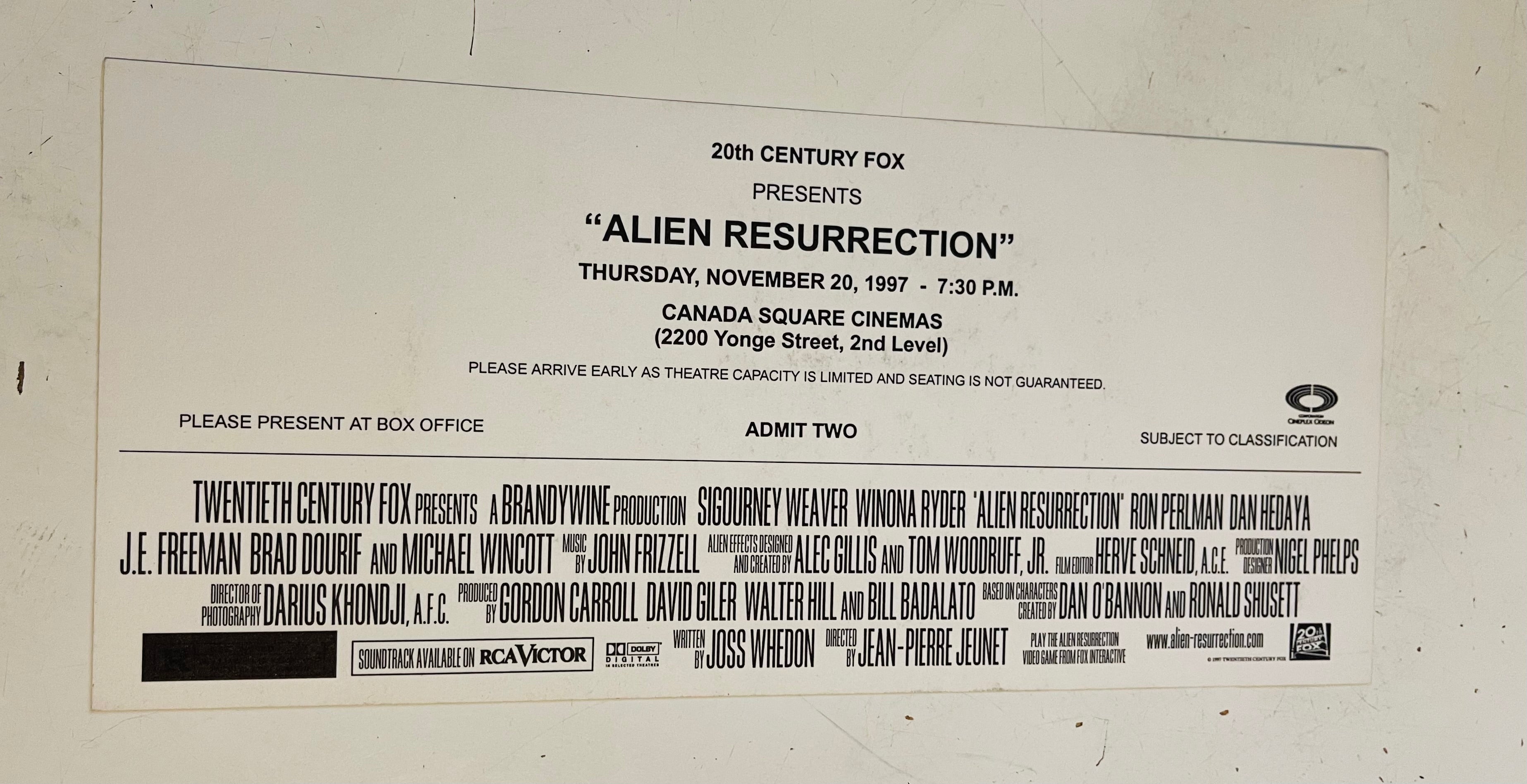 Alien Resurrection Rare Movie Opening Night Pass - Collectible Memorabilia for Sci-Fi Fans & Film Enthusiasts - Perfect for Display, Gifts, and Movie Memorabilia Collections