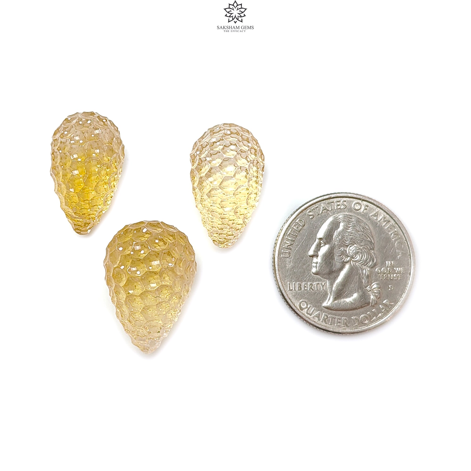 Natural Untreated Yellow Citrine Gemstone Carving - 64.60cts Hand Carved Teardrop Shape (21mm-22mm) 3-Piece Set | November Birthstone Jewelry Making Supplies | Perfect for Necklace Pendants, Earrings & DIY Craft Projects