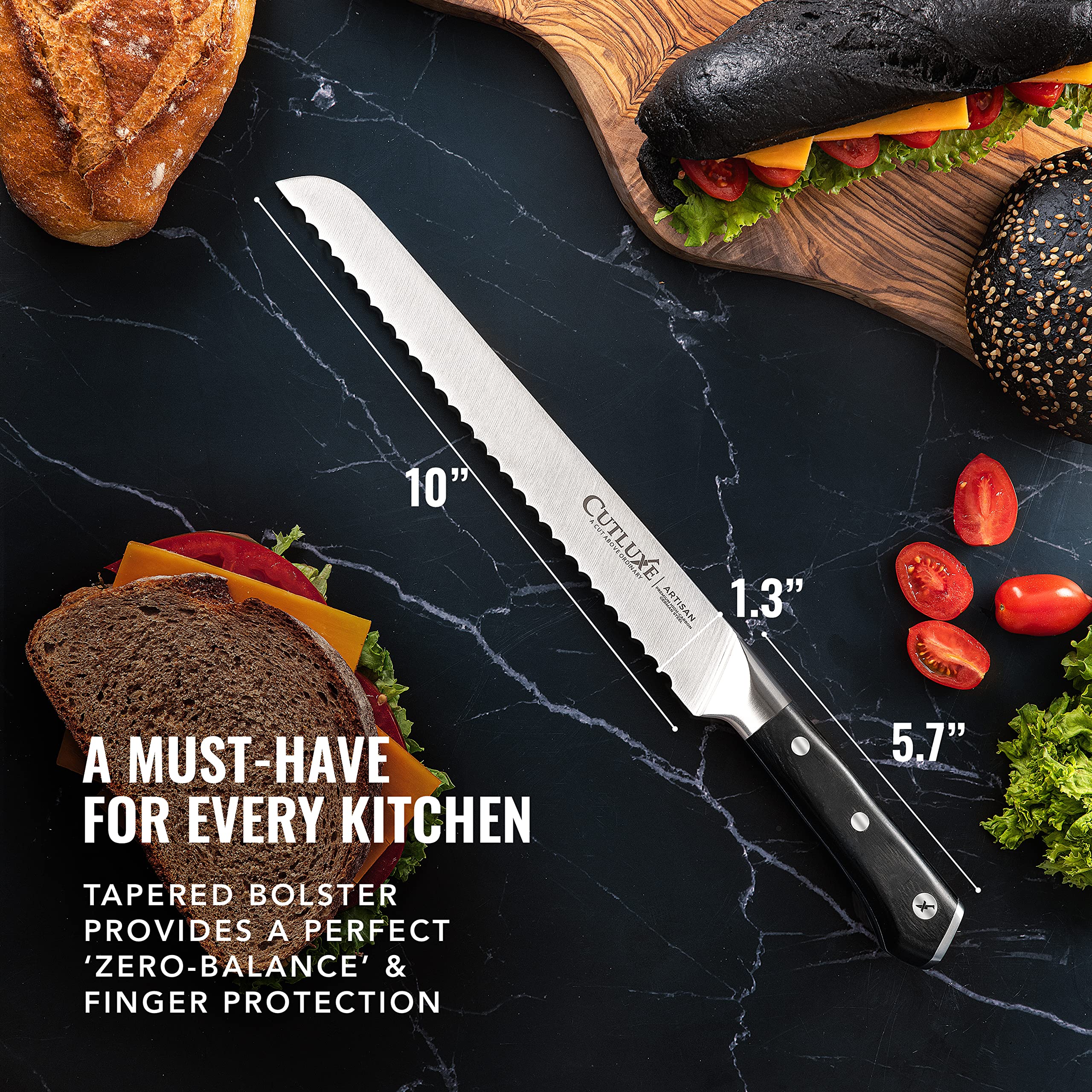 Cutluxe 10-Inch Serrated Bread Knife – High Carbon German Steel Blade for Sourdough & Homemade Bread – Razor Sharp Full Tang Knife with Ergonomic Handle – Perfect for Bakeries, Kitchens & Artisan Bread Making