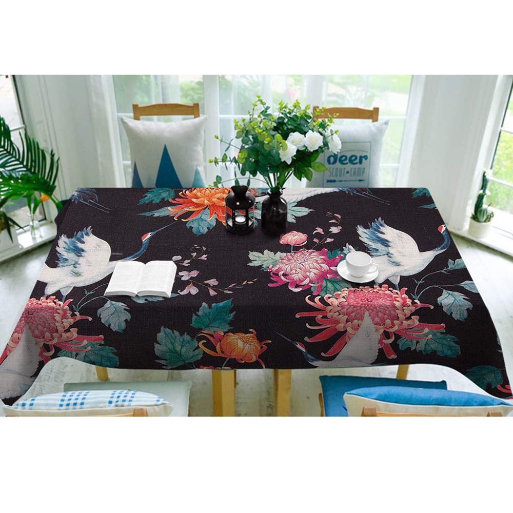 Japanese Cranes Retro Tablecloth - Oriental Herons & Floral Design Polyester Table Cover 52x70 Inch - Perfect for Kitchen, Dining, Picnic & BBQ Parties