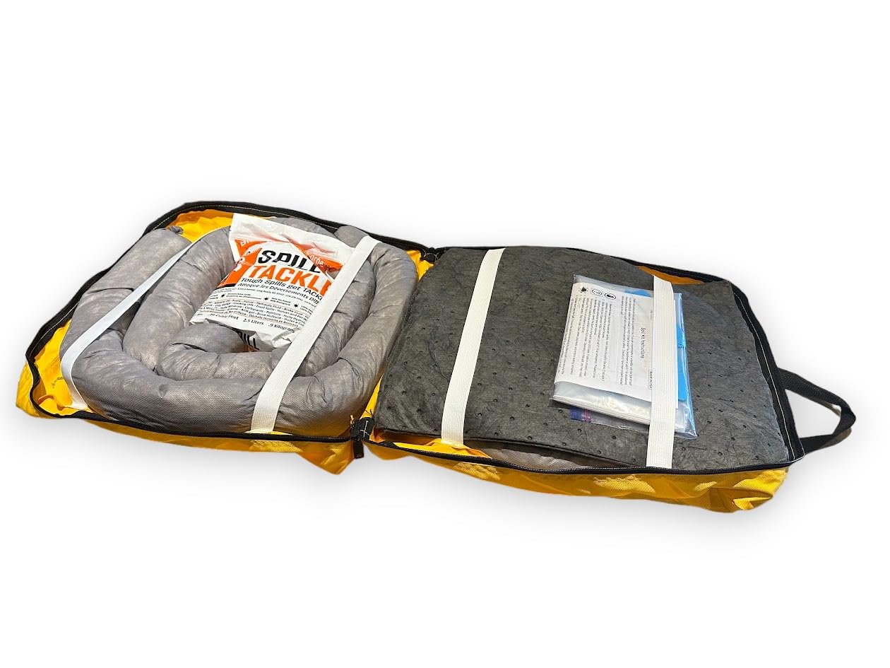 **Universal Spill Kit - 4 Absorbent Socks, 10 Pads, 2 lb Spill Tackle, Gloves & More - Yellow Duffle Bag for Hazardous Liquid Cleanup - Ideal for Labs, Garages, Factories**