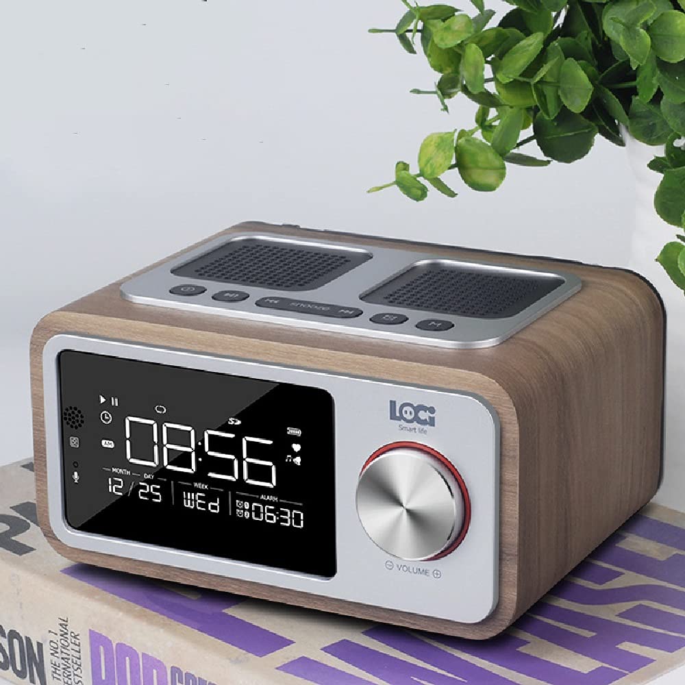 FM Digital Radio with Bluetooth - Wood Cabinet, Remote Control, Dual Alarm, AUX/USB/TF Card Playback, Timer & Digital Clock - Perfect for Bedroom, Office & Kitchen (Gray)
