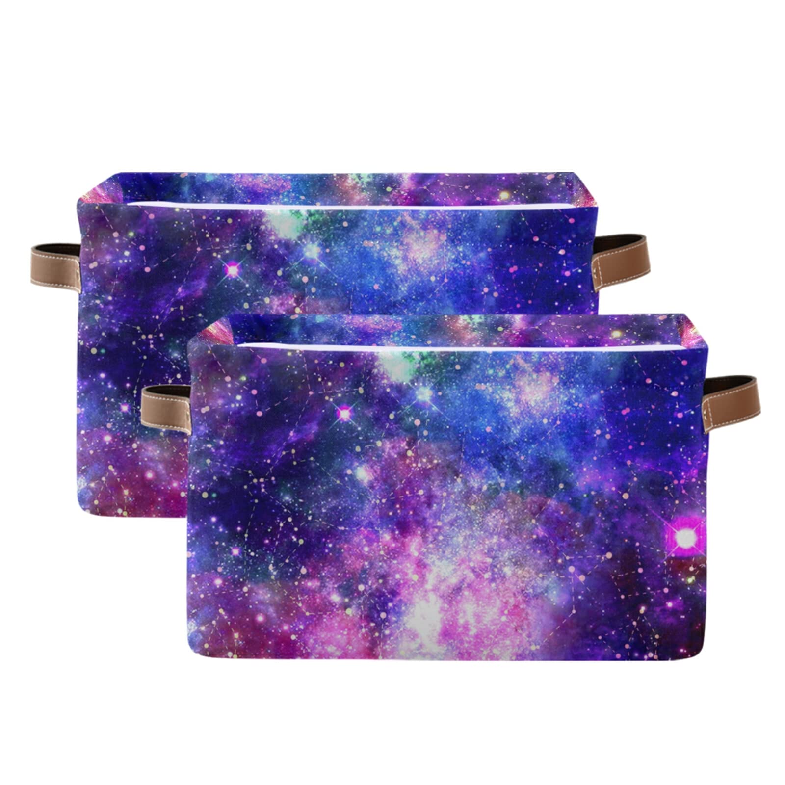 Galaxy Space Star Nebula Storage Bins - 2 Pack Collapsible Canvas Storage Baskets with Handles for Toys, Clothes & Home Organization - Perfect for Bedroom, Closet, Office & Shelves