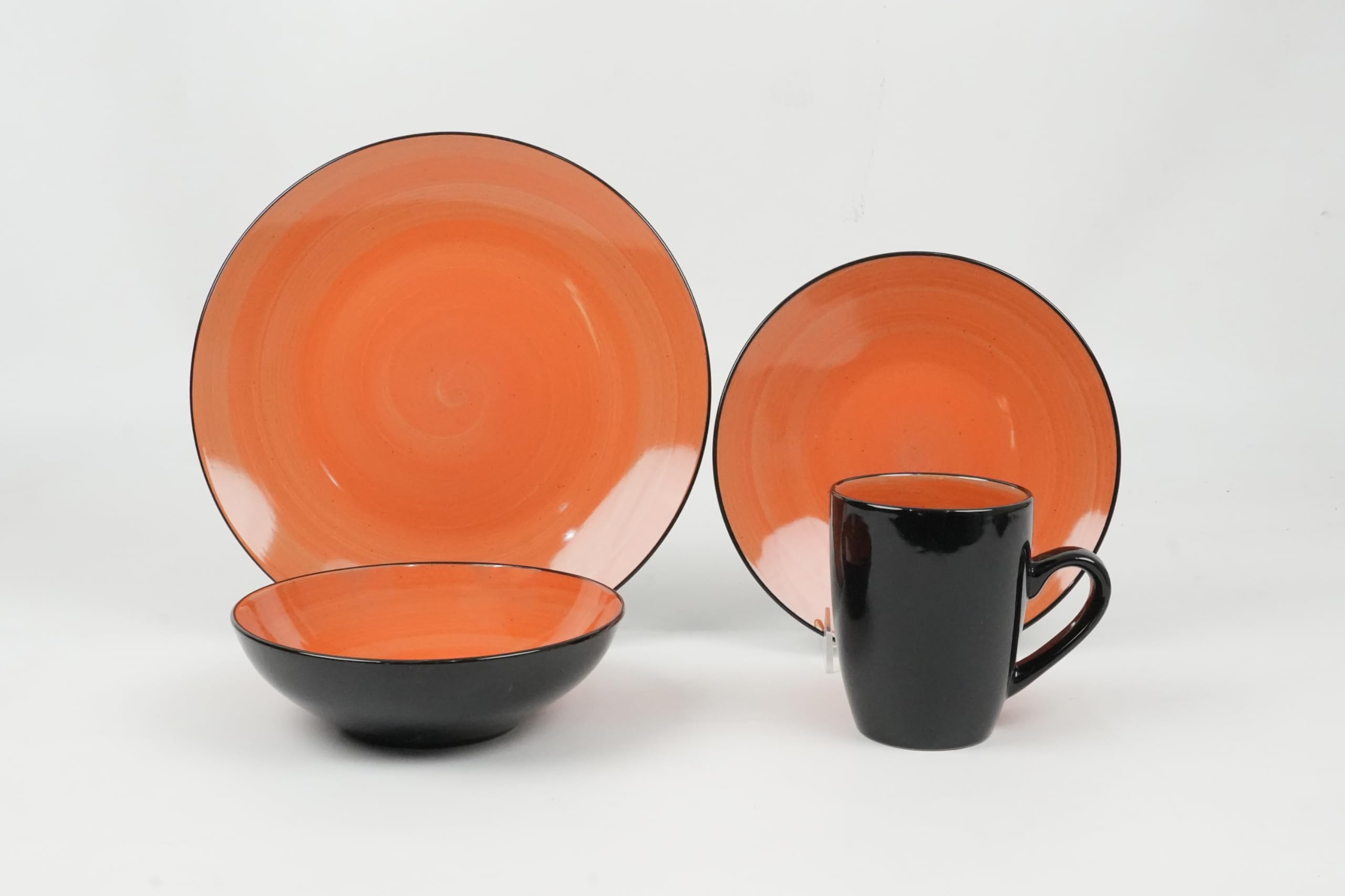 Stoneware Sonoma 16-Piece Dinnerware Set in Black & Speckled Spin Wash Orange - Elegant Dinner Plates, Bowls & Mugs for Everyday Dining, Entertaining & Restaurant Use