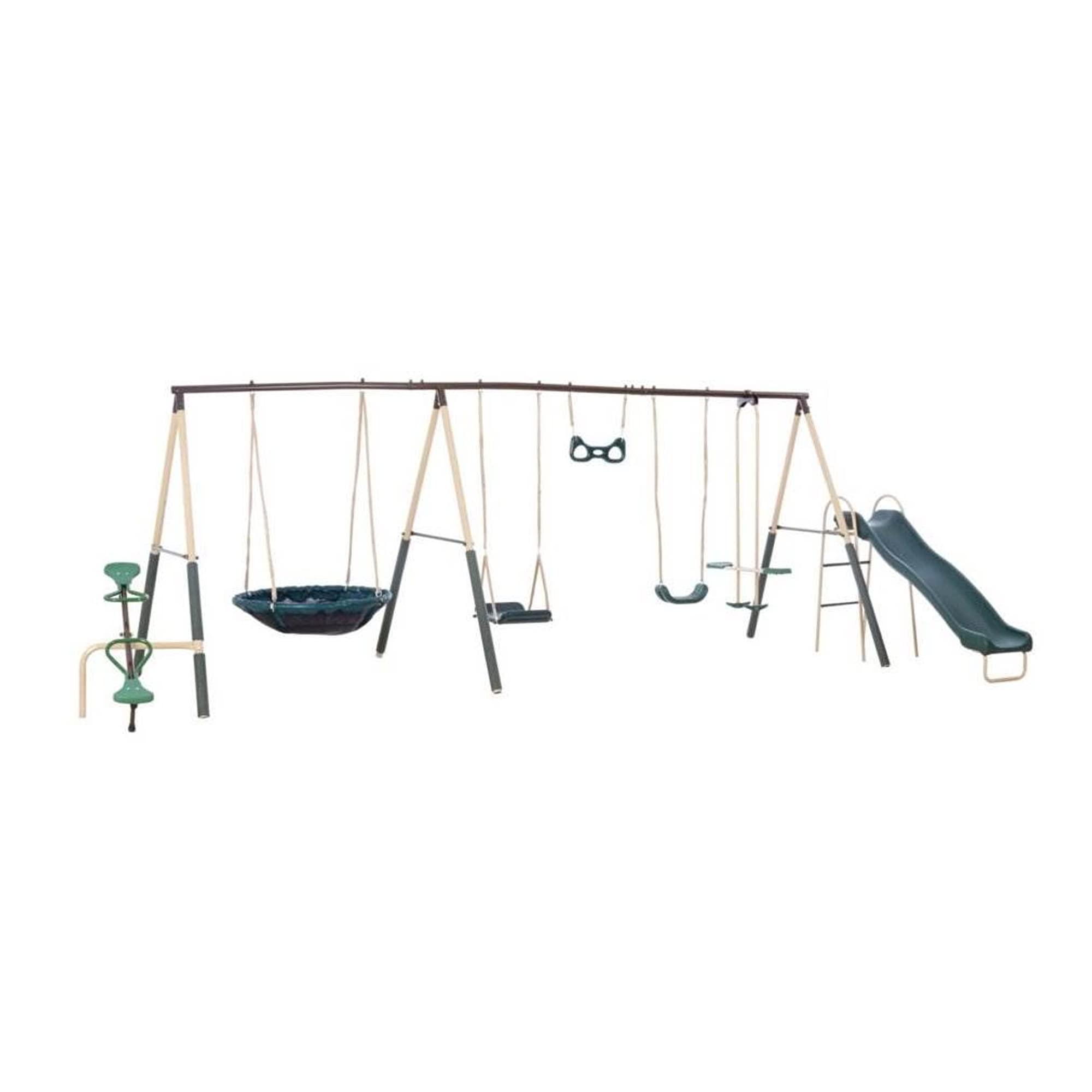 XDP Recreation Deerfield Outdoor Playground Swing Set with Slide, See Saw, Trapeze Swing, Fun-Glidr, Swing Seat & Stand N Swing - Durable Backyard Playset for Kids Ages 3-12 | Perfect for Outdoor Family Fun in Gardens, Parks & Backyards